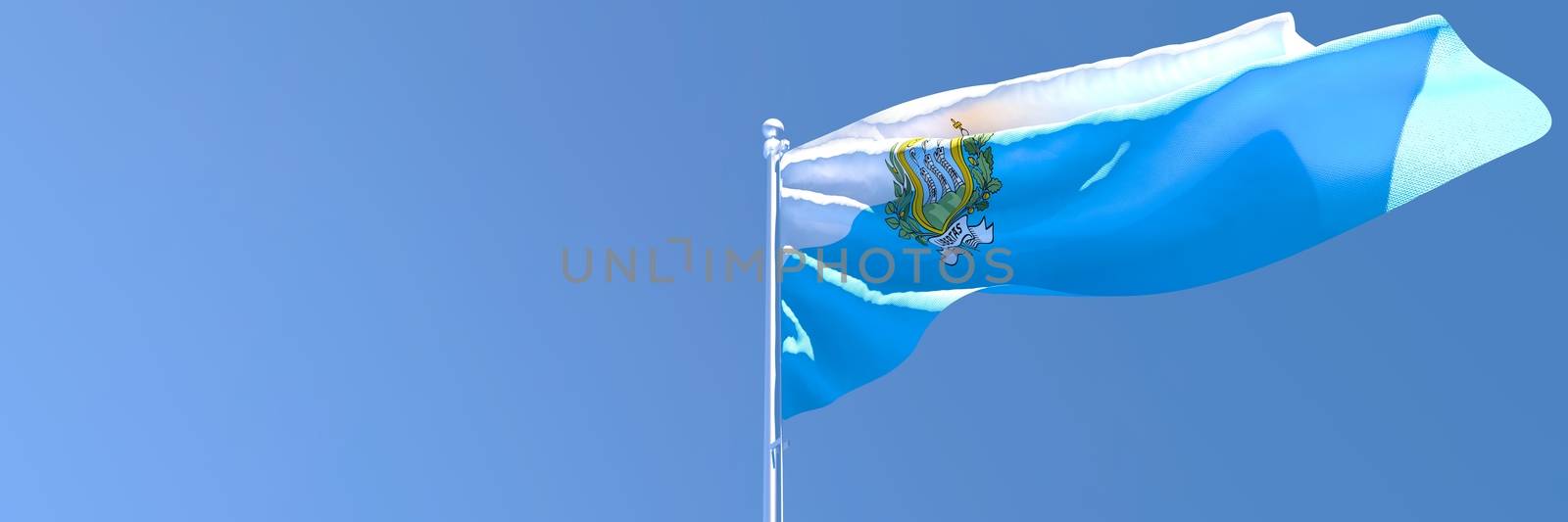 3D rendering of the national flag of San Marino waving in the wind against a blue sky