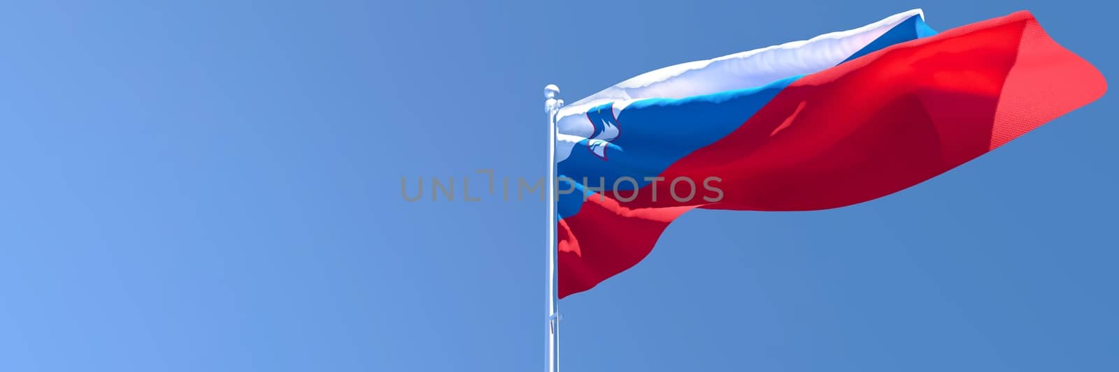 3D rendering of the national flag of Slovenia waving in the wind against a blue sky