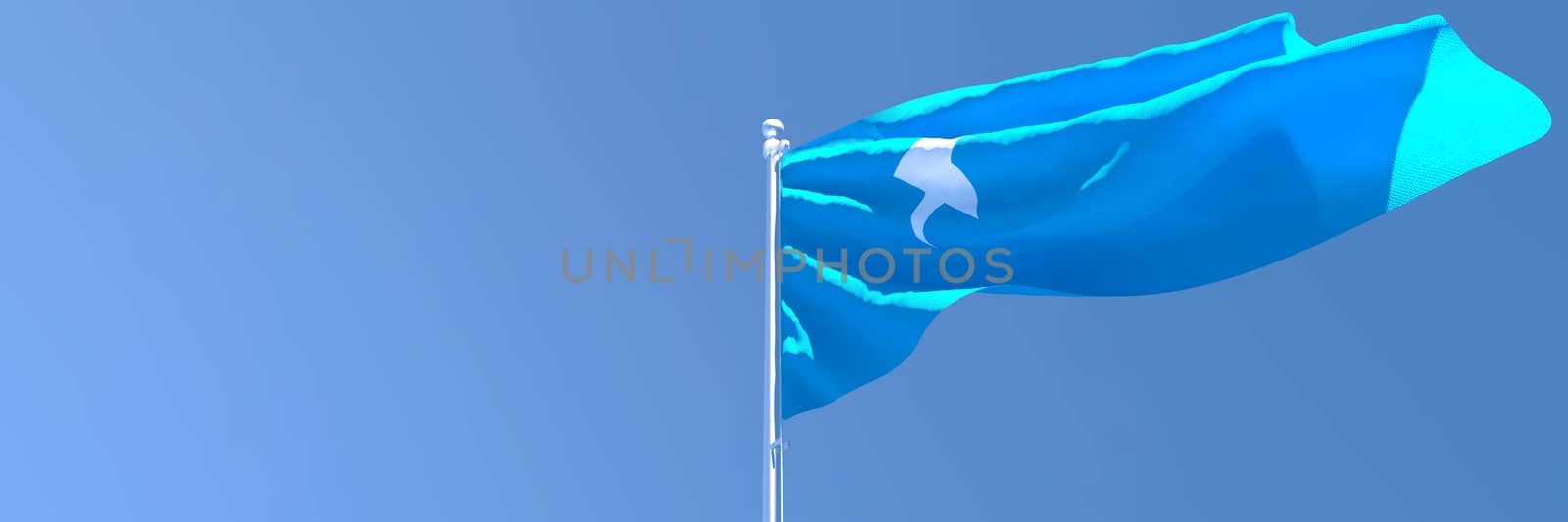 3D rendering of the national flag of Somalia waving in the wind against a blue sky