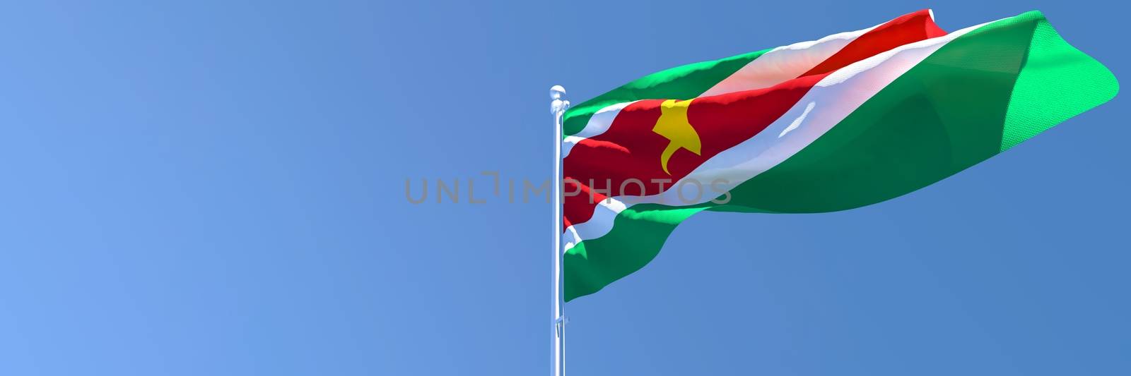3D rendering of the national flag of Suriname waving in the wind against a blue sky