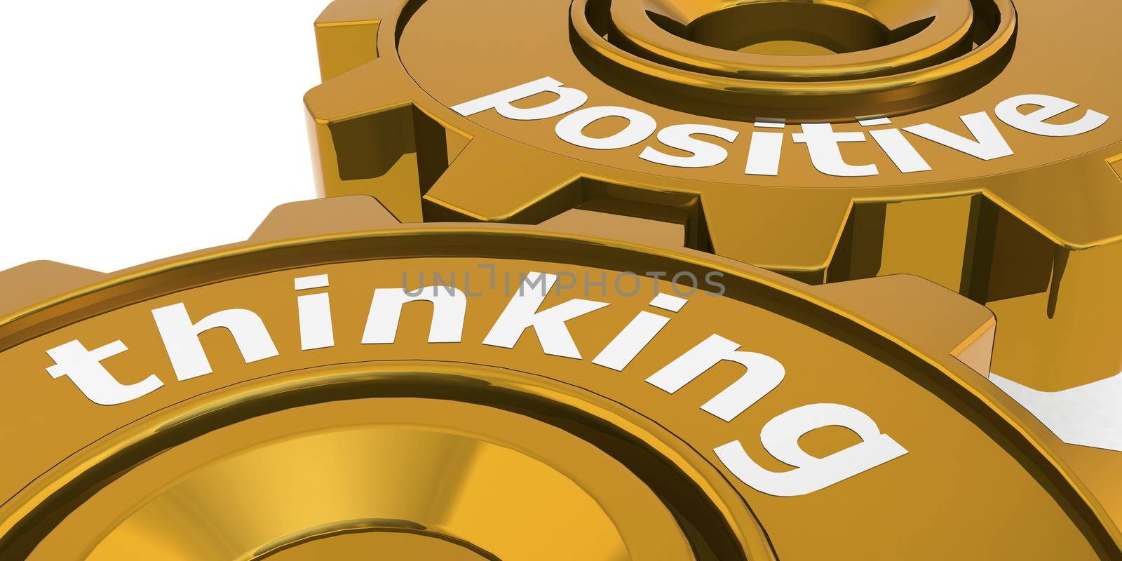 Positive thinking word on golden gears, 3D rendering