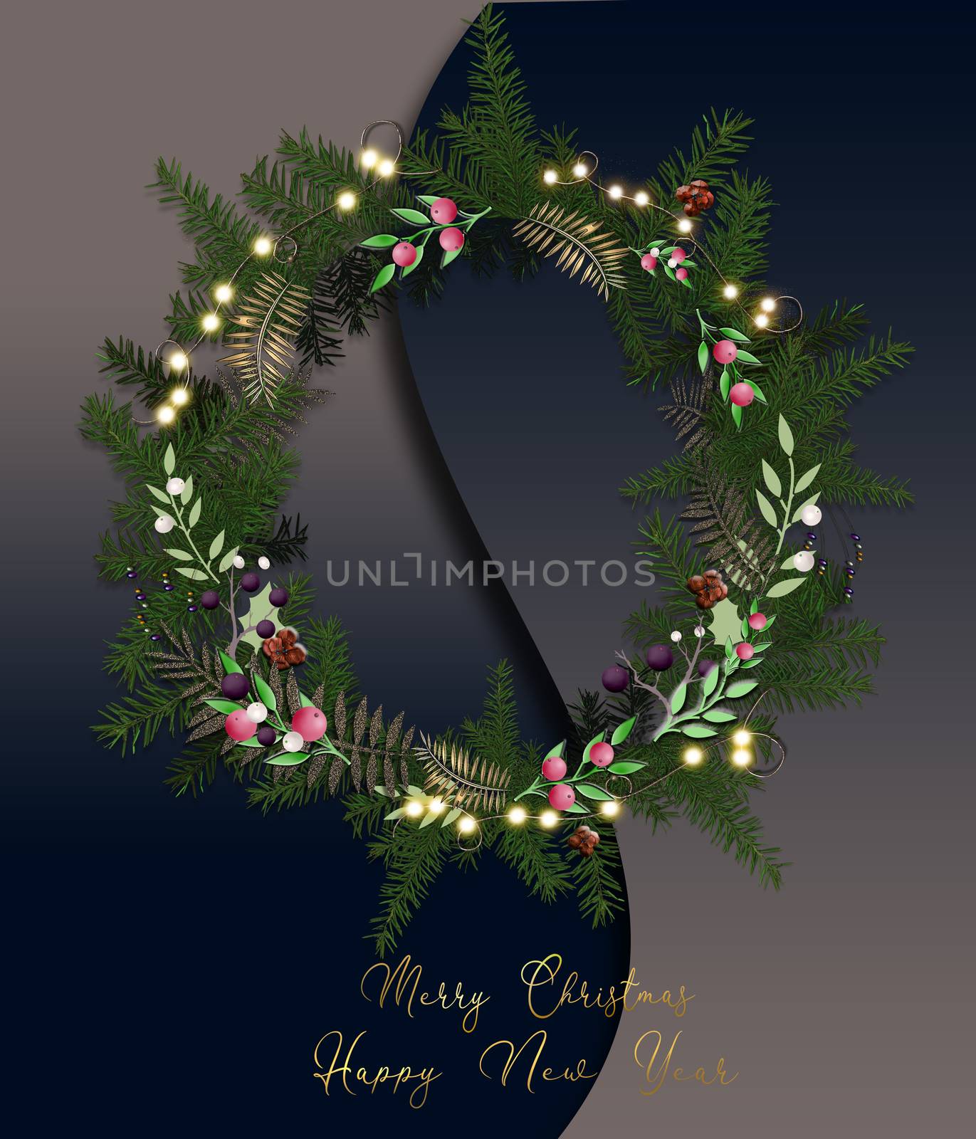 Christmas Wreath. Luxury trendy floral design of Wreath, lights and decorations. Gold text Merry Christmas Happy New Year over blue background. Greetings, 2021 stylish design, flyer 3D illustration