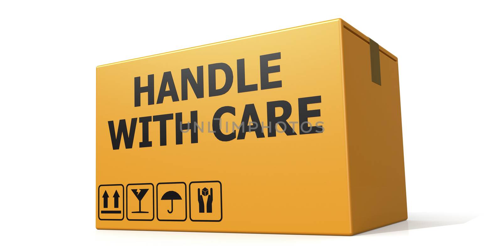 Cardboard boxes isolated with handle with care text, 3D rendering