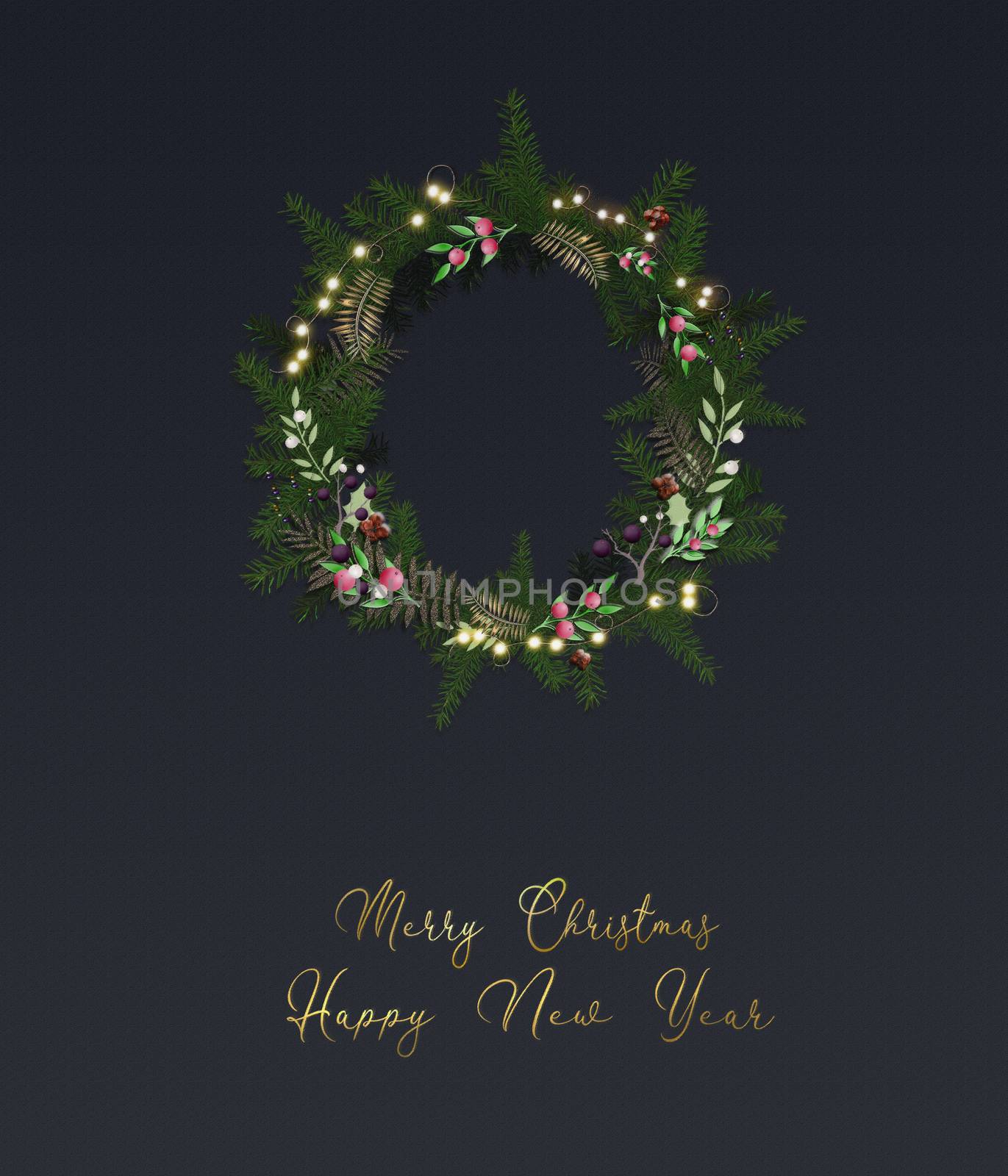 Beautiful christmas wreath frame with foliage and glowing lights on black background. Text Merry Christmas Happy New year. 3D illustration