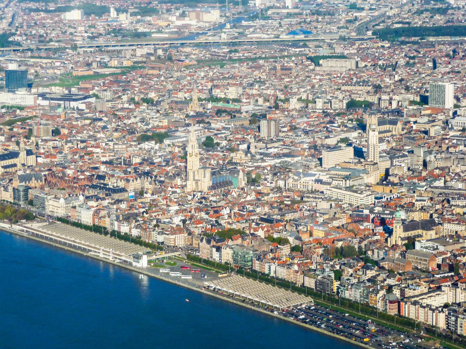 Antwerp, Belgium, October 2010: Aerial view on the city of Antwerp, with cathedral and boerentoren (kbc tower) visible.