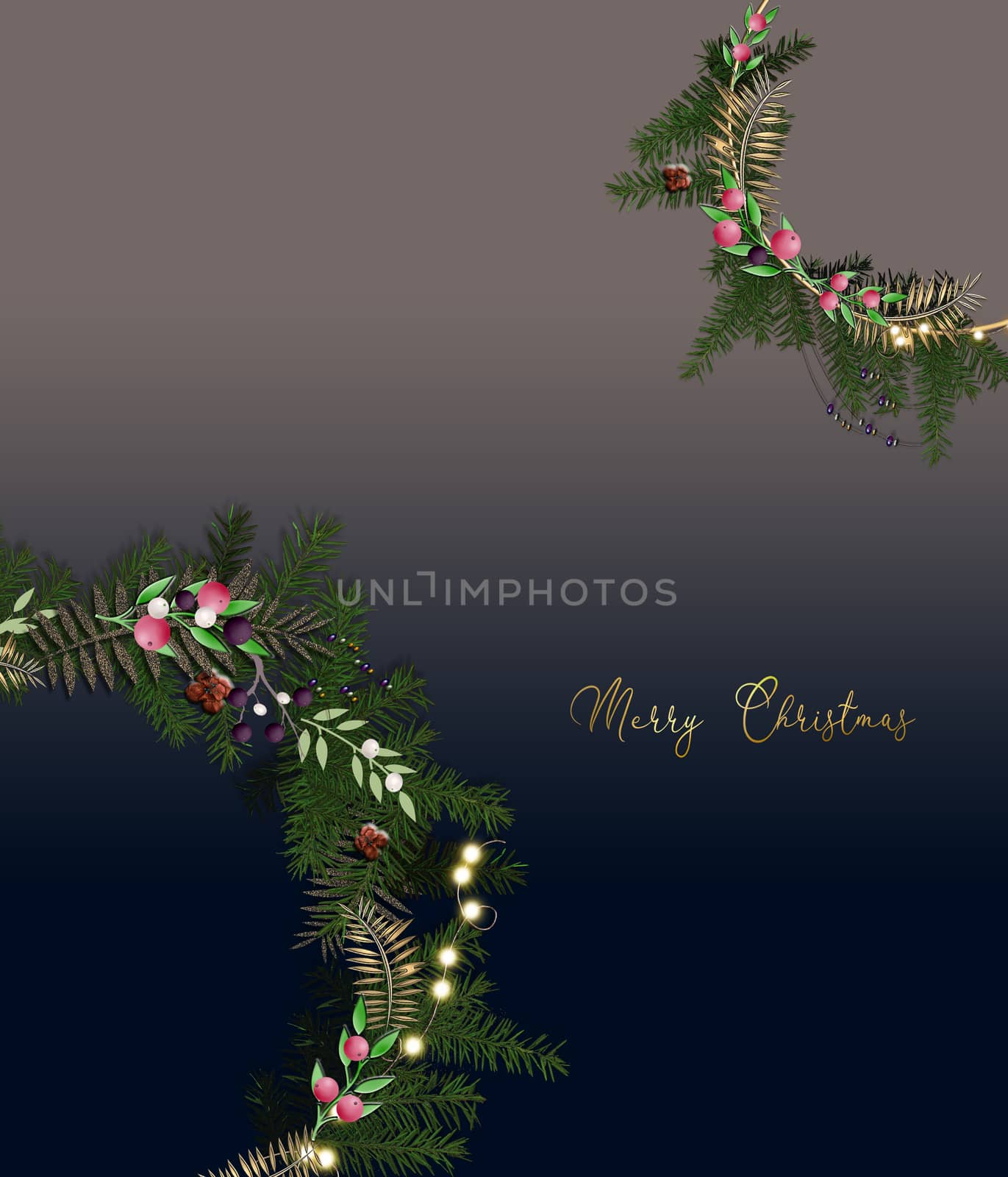 Elegant Merry Christmas and 2021 New Year Card with Pine Wreath and Winter plants. Greetings, invitation 2021, flyer, brochure, cover. 3D illustration