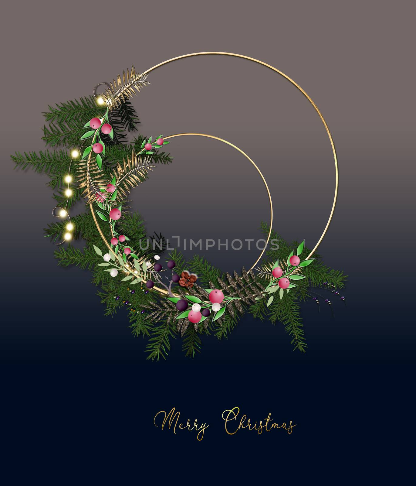 Christmas Wreath. Elegant floral design of Wreath, garland with lights, decorations. Gold text Merry Christmas on blue background. Greetings, 2021 invitation, flyer, brochure, cover. 3D illustration