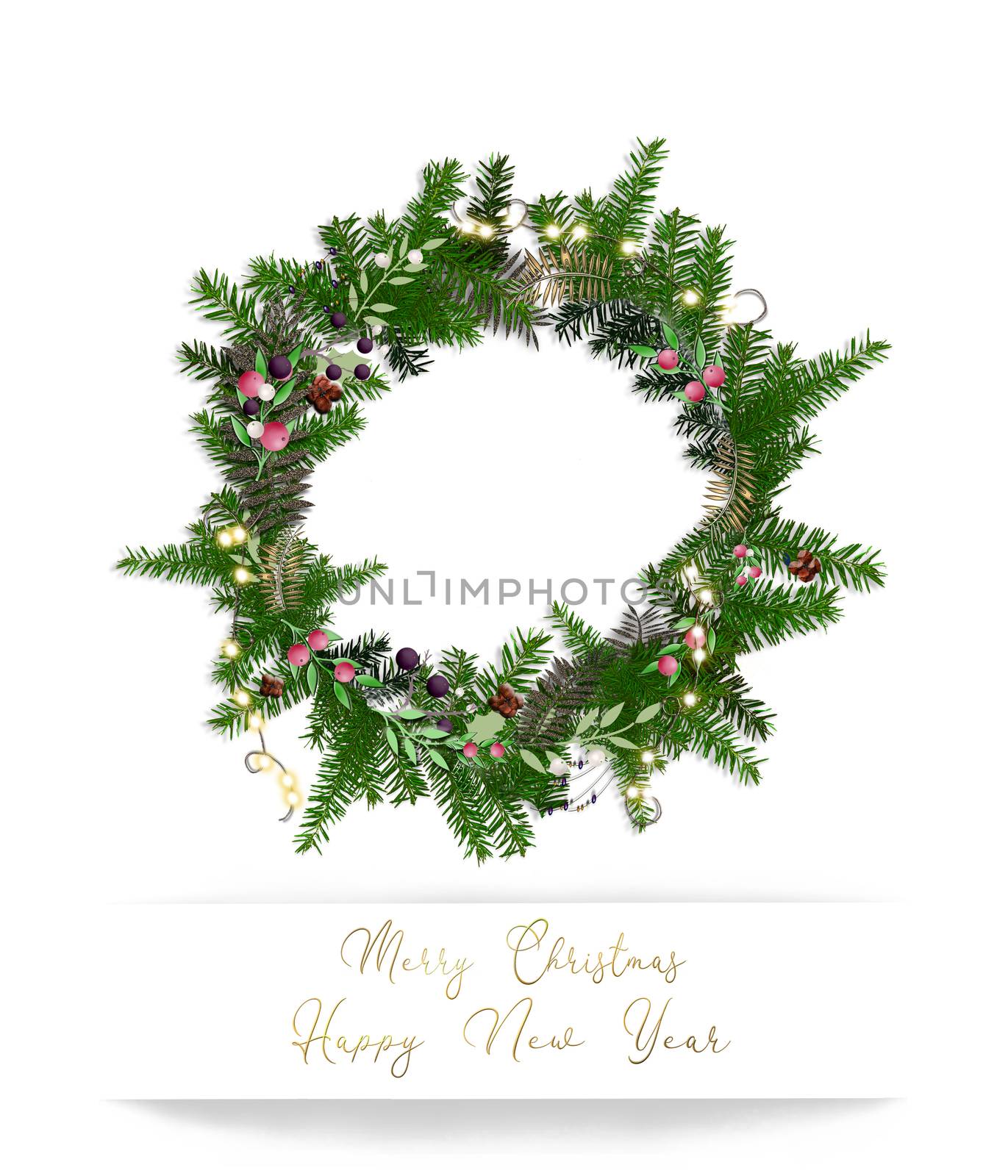 Christmas frame for holiday design. Wreath with lights on white background. Text Merry Christmas Happy New Year. 3D illustration