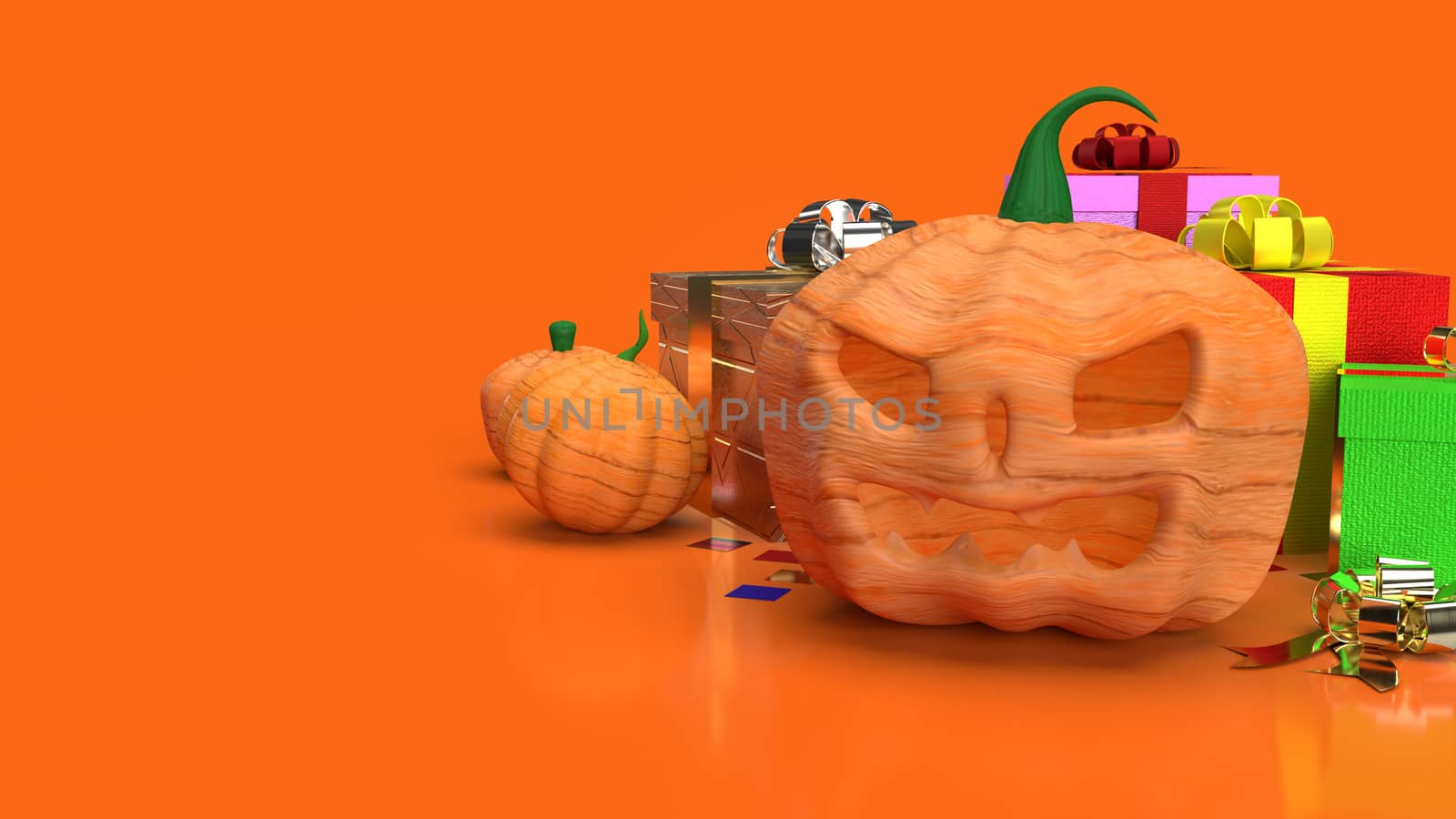 The jack o lantern  and gift box  on orange background for halloween content 3d rendering.