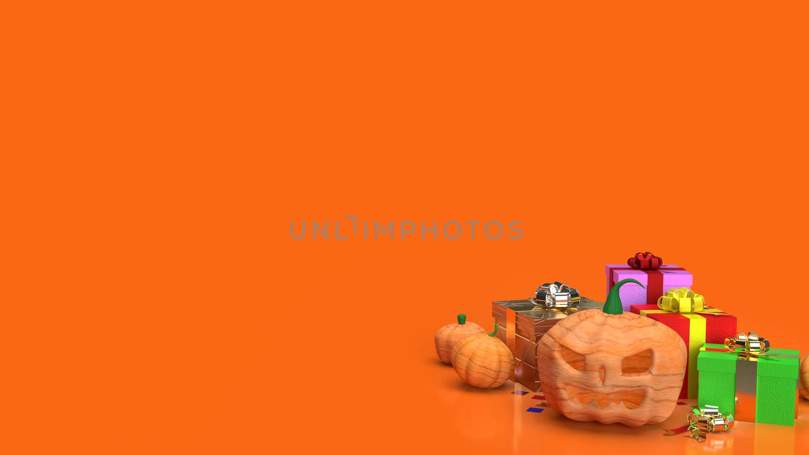 The jack o lantern  and gift box  on orange background for halloween content 3d rendering.