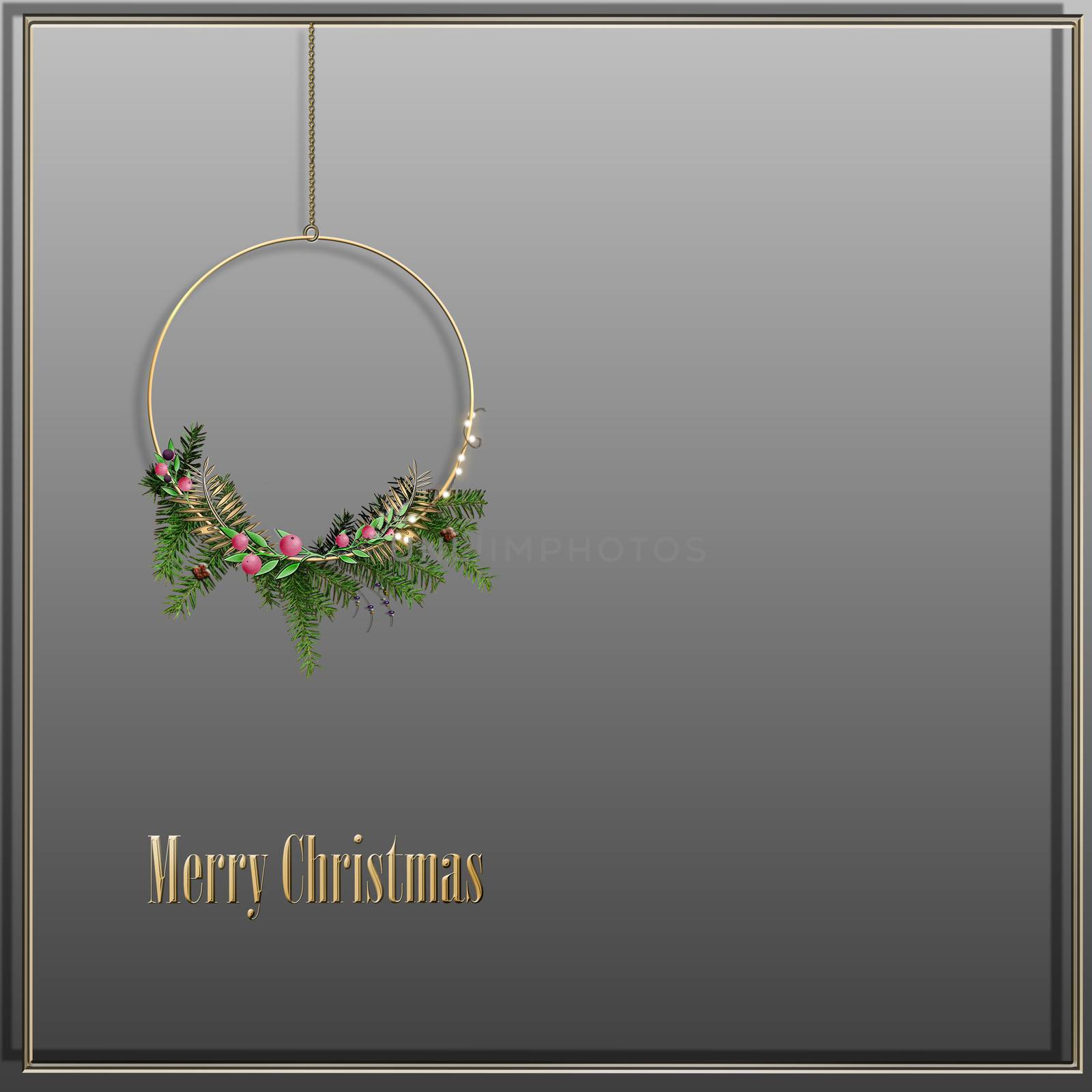 Elegant festive greeting card. Christmas wreath, light, gold text Merry Christmas on pastel background. Mock up, place for text. 3D illustration