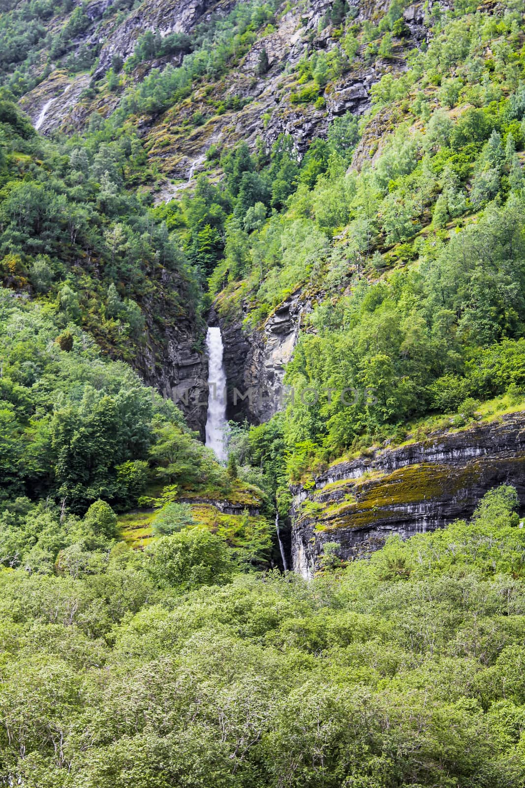 Waterfall in Aurlandsfjord Aurland Vestland Sognefjord in Norway.