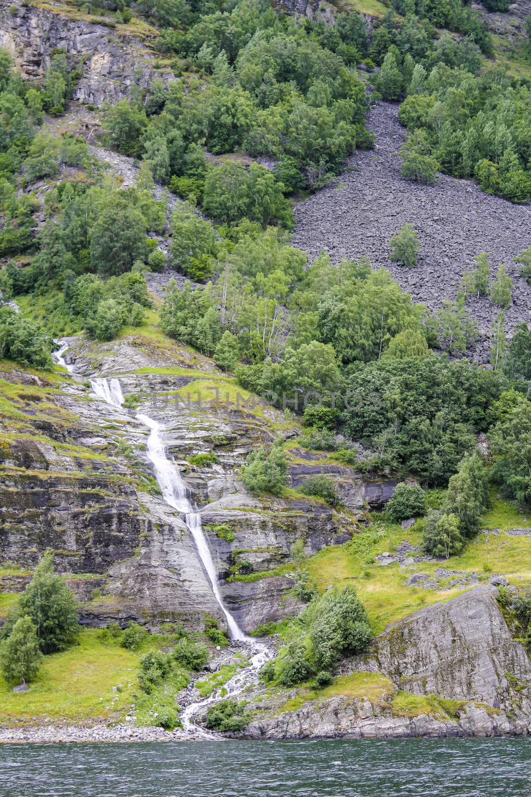 Waterfall in Aurlandsfjord Aurland Vestland Sognefjord in Norway.