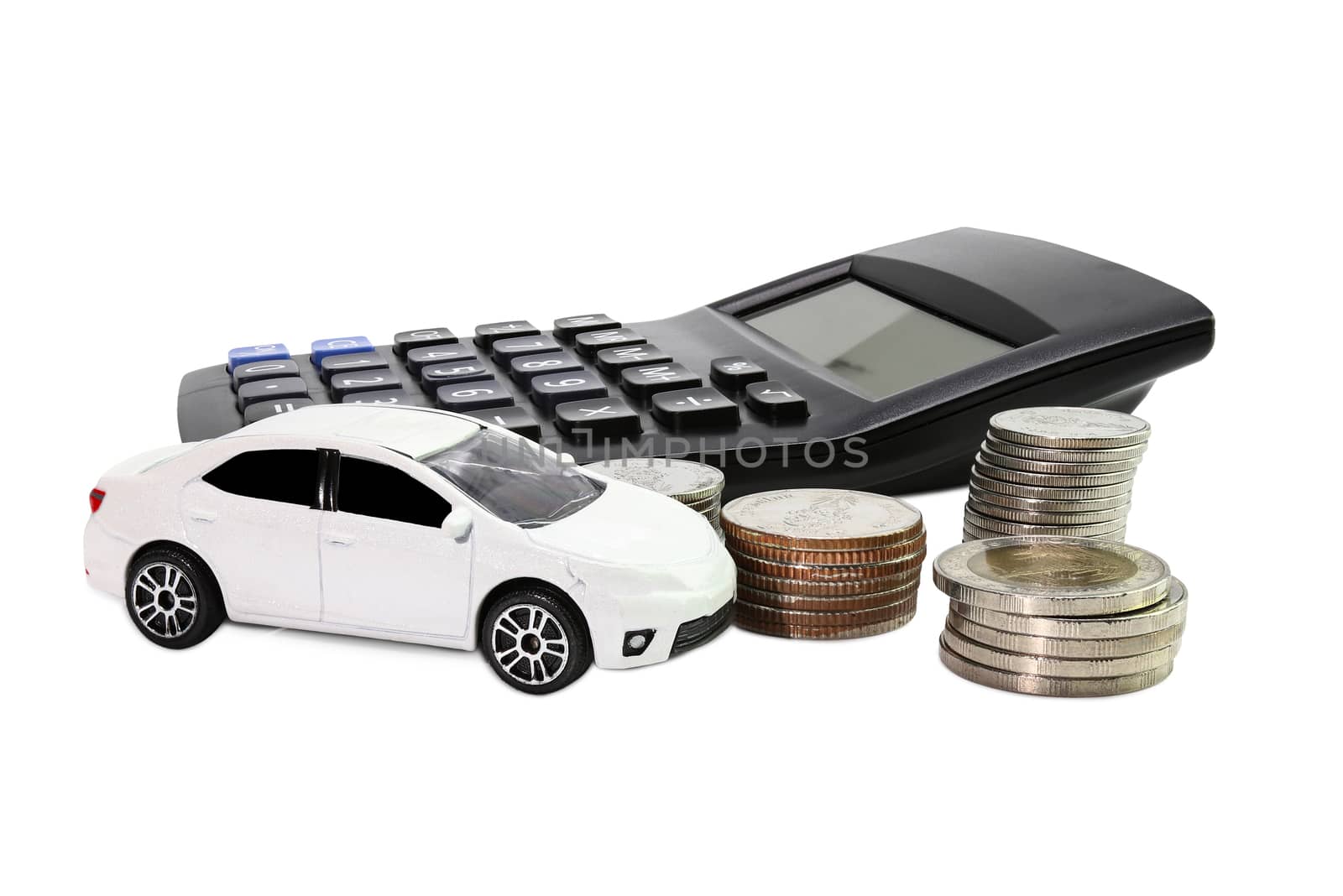 Coins stack with Calculator and car , concept Saving money for car or trade car for cash
