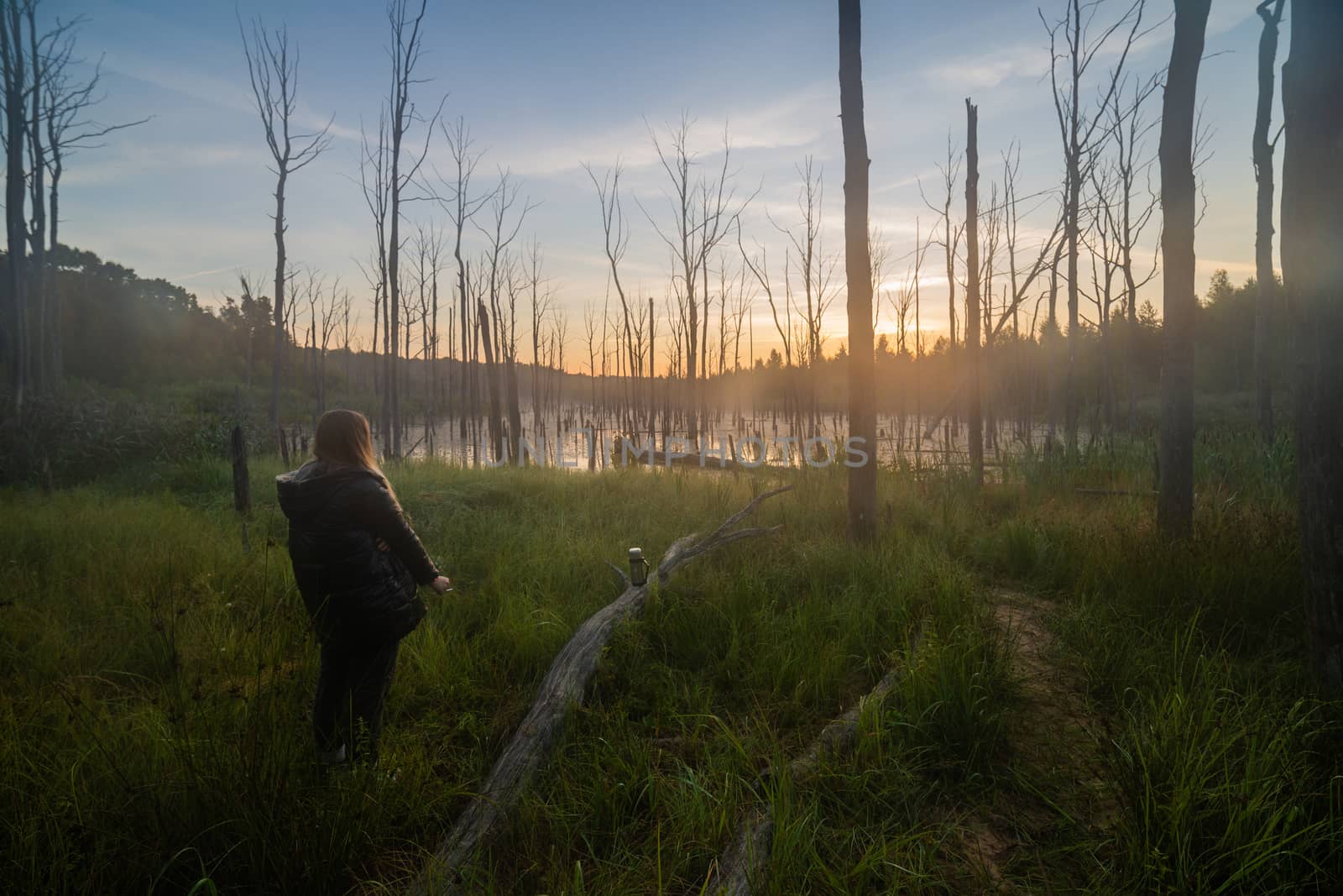 young blonde caucasian woman smoking on the edge of morning summer swamp with dry gray tree trunk - dreamy wide angle shot.