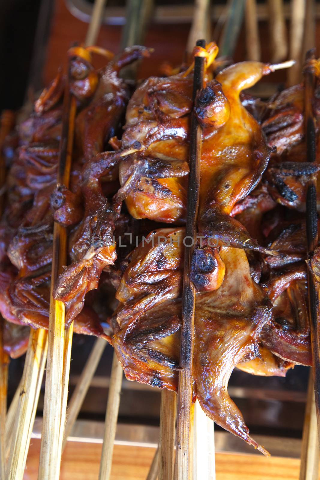 Laos, street food. Traditional food cooked at road sides in stalls on skewers for grilling, chicken, fish, birds High quality photo