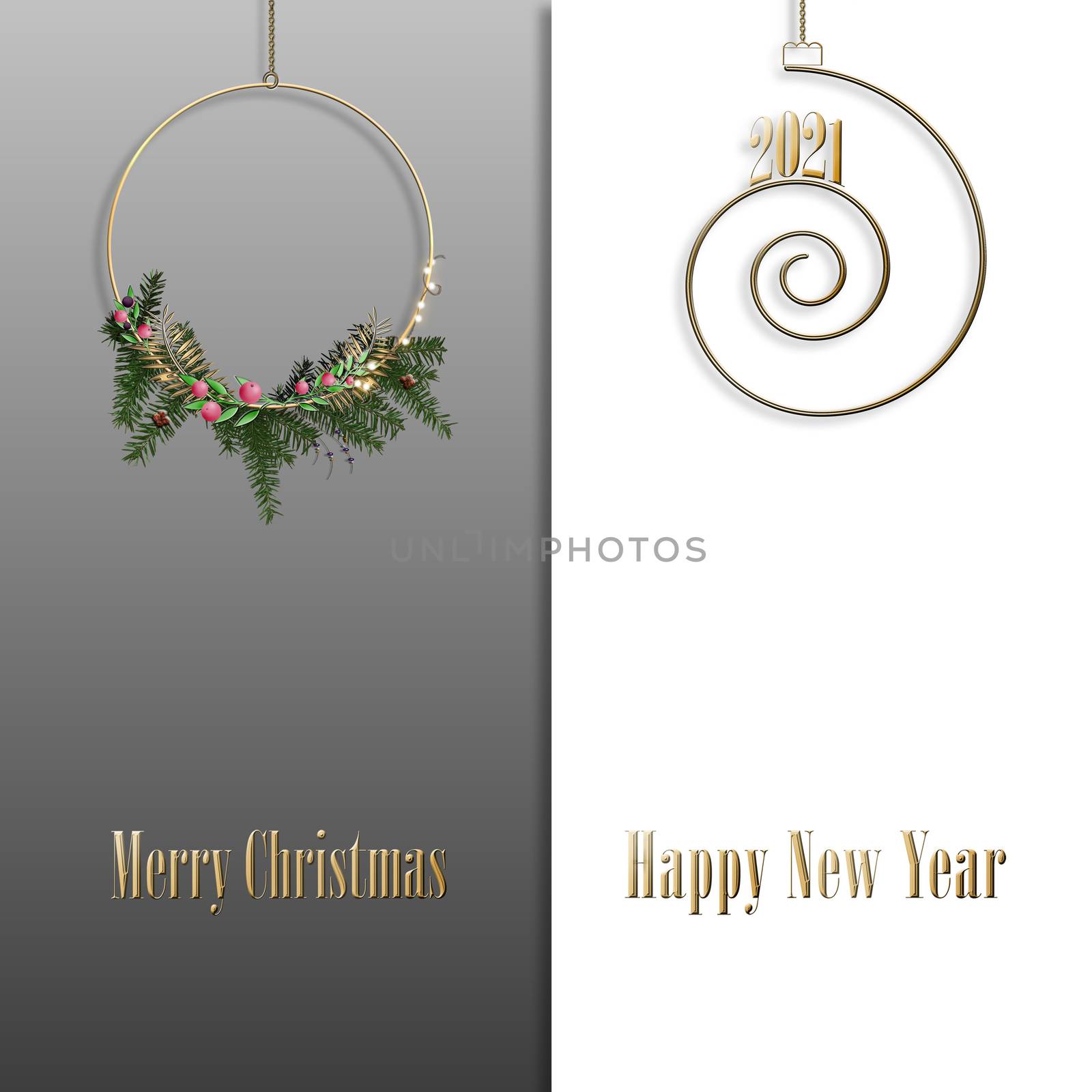 Christmas Wreath. Elegant floral design of Wreath with lights, hanging digit 2021 over pastel and white background. Greetings, 2021 invitation, flyer, brochure, cover. Copy space. 3D illustration