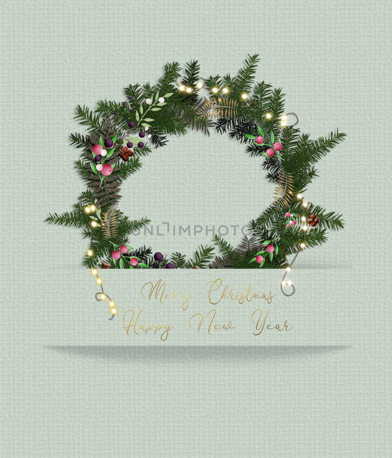 Christmas wreath, garland. Place for text, mockup. Text Merry Christmas Happy New Year. Modern trendy wreath made of foliage, lights, red berries in the border of pastel paper stripe. 3D illustration