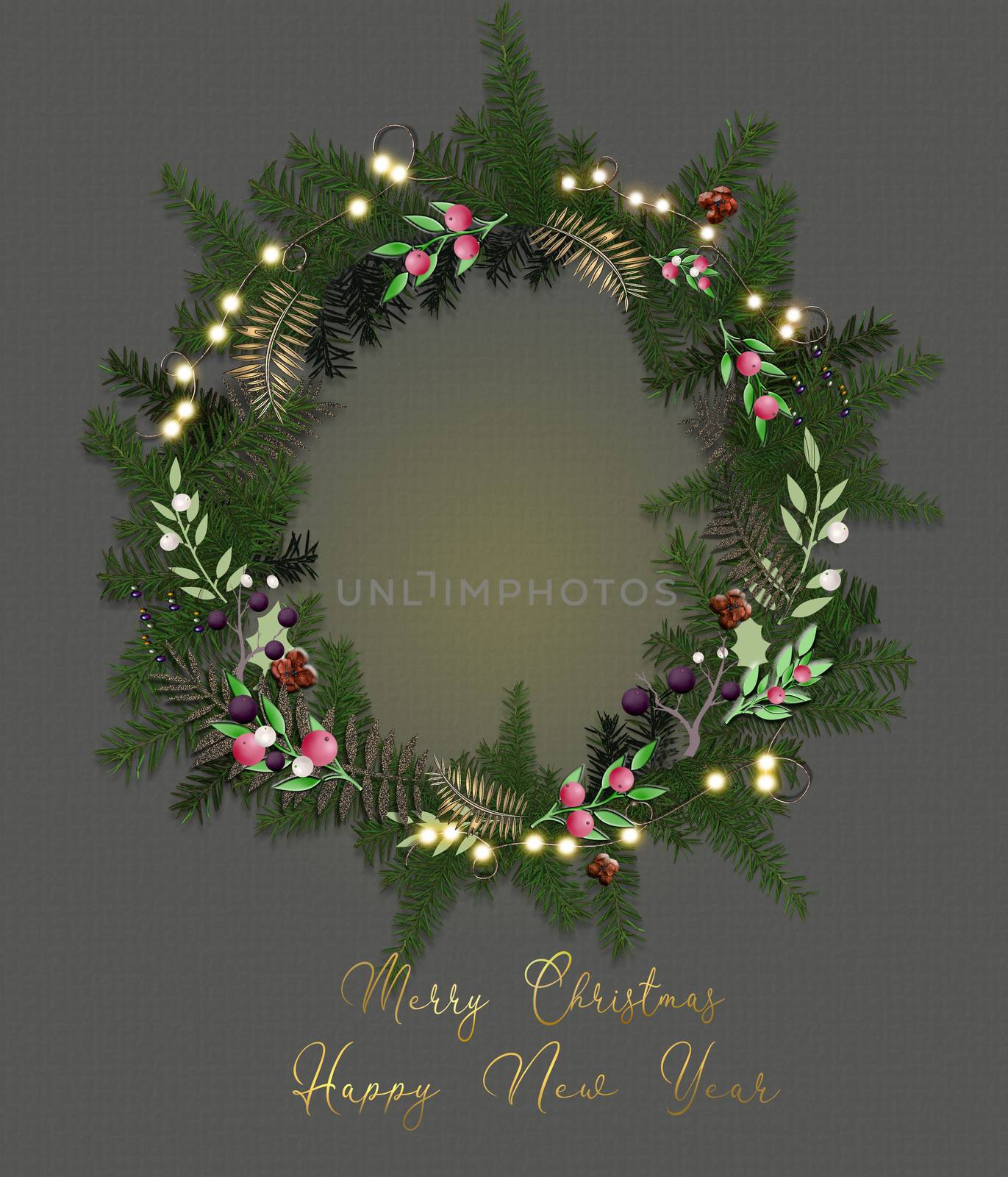 Cristmas decoration. Christmas wreath with glowing lights on green pastel background. 3D illustration