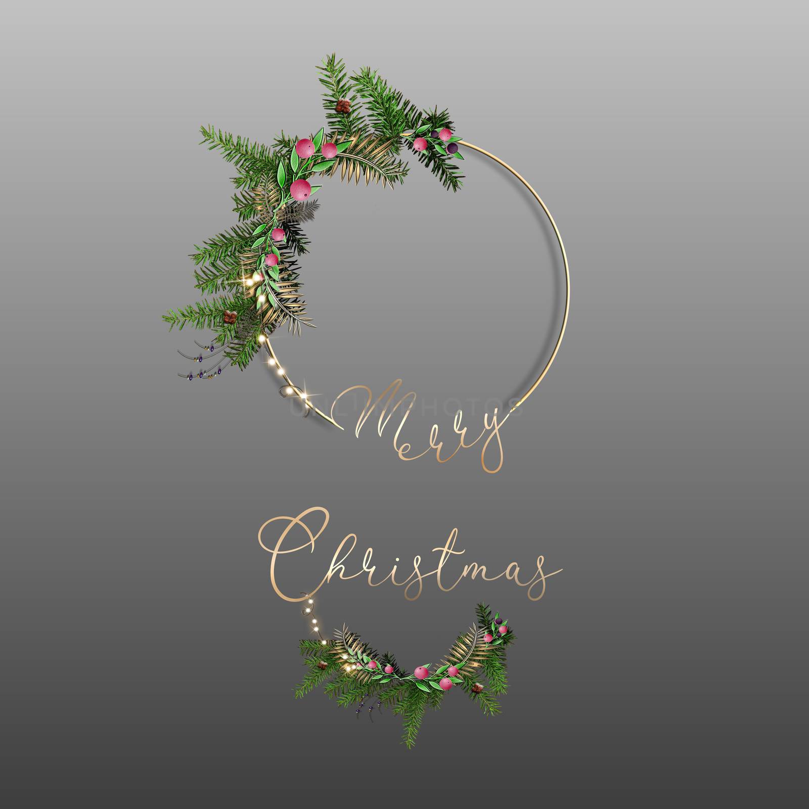 Christmas wreath for greetings cards template. 3D illustration. Romantic wreath, gold text Merry Christmas on pastel background. Place for text