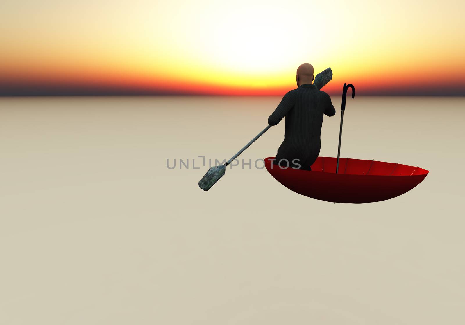 Surreal composition. Escape from reality. Man floats in red umbrella. 3D rendering