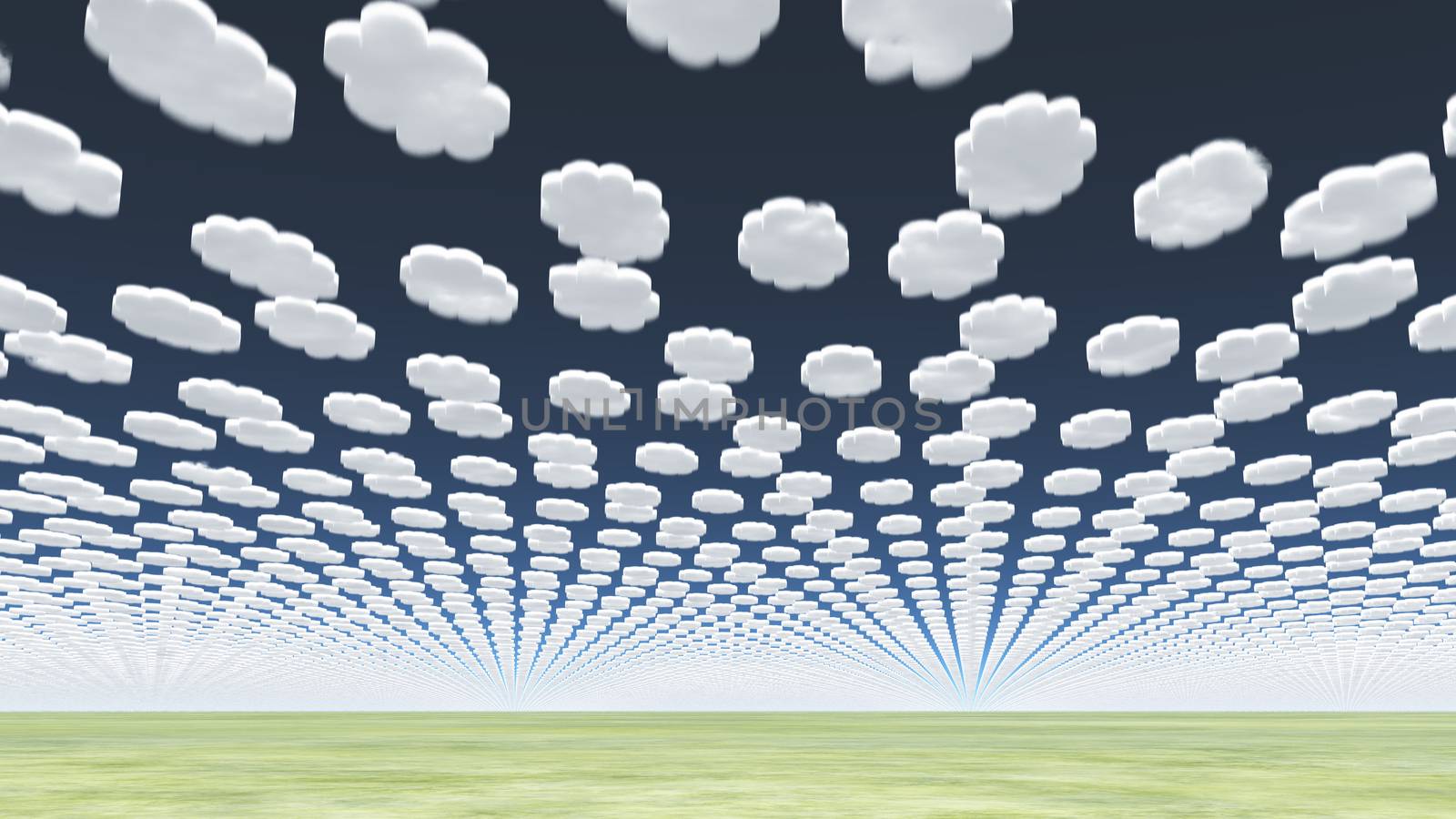 Surreal clouds over green field. 3D rendering
