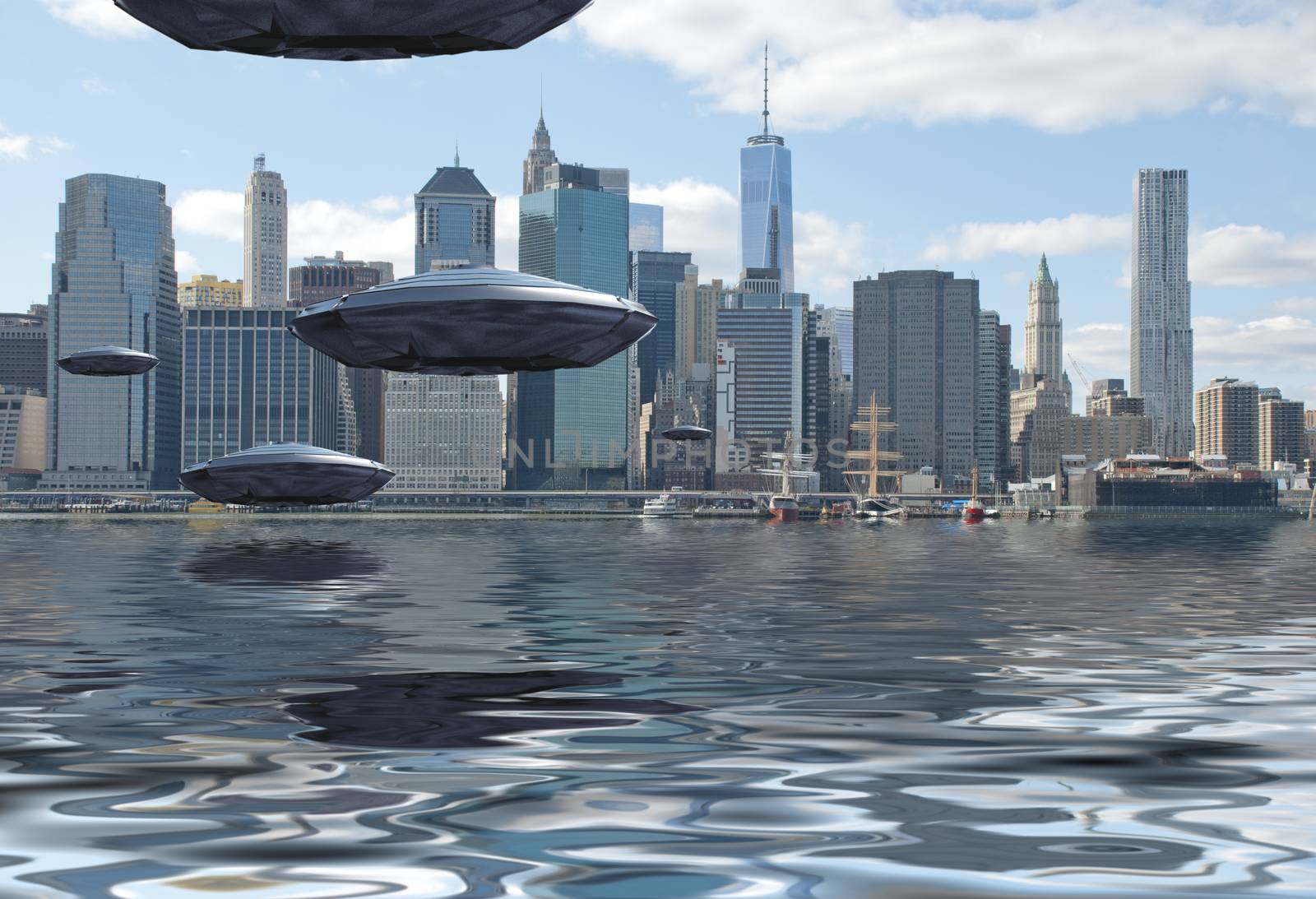 Visitors from Space. Flying saucers over New York harbour. 3D rendering