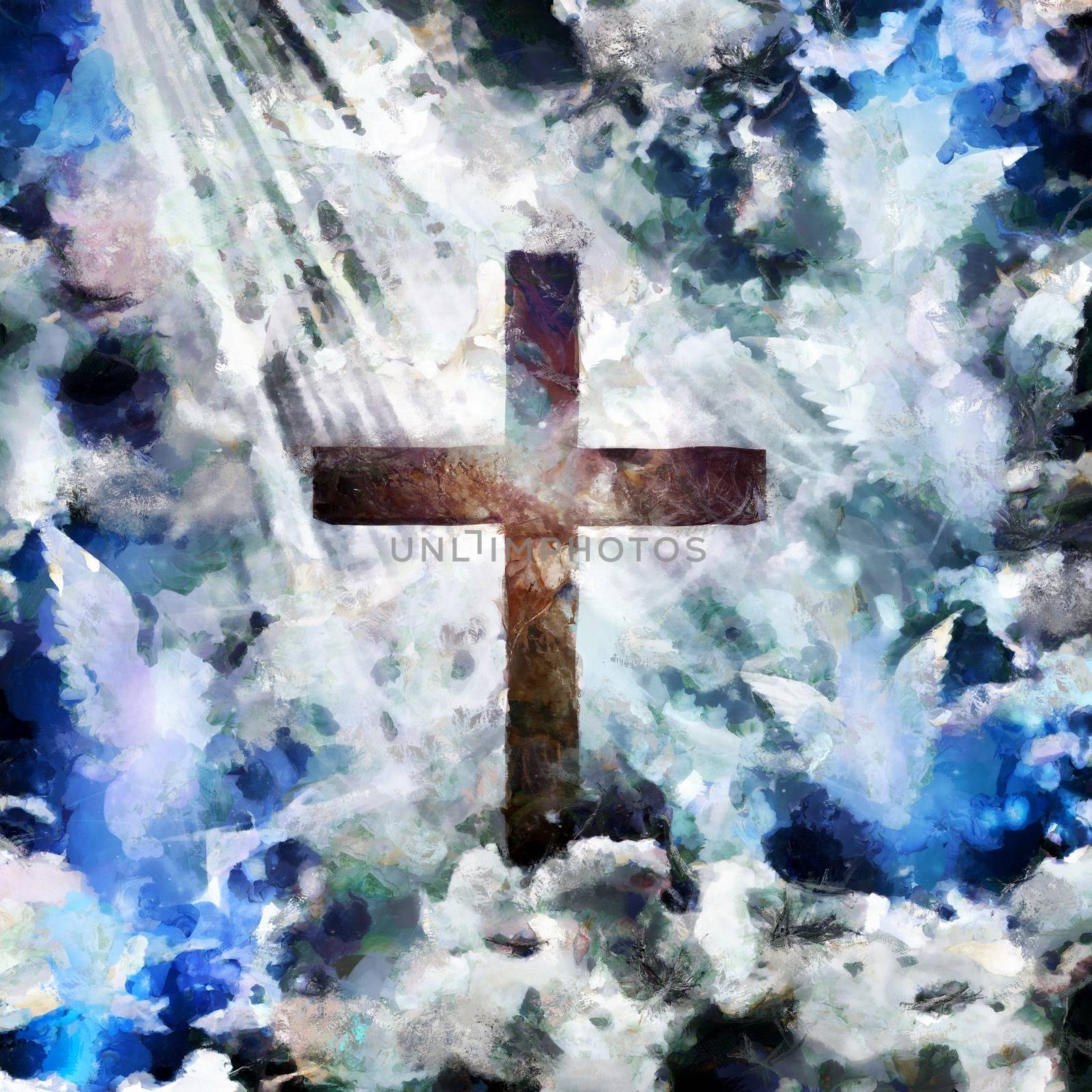 Spiritual painting. Christian cross and angels in the sky. 3D rendering