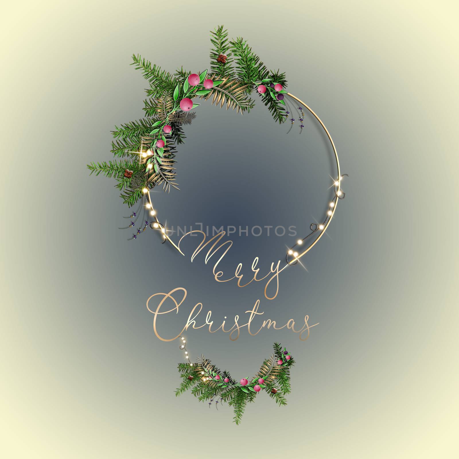 Christmas wreath and garland on pastel background. Greeting card, festive background. Text Merry Christmas. 3D illustration