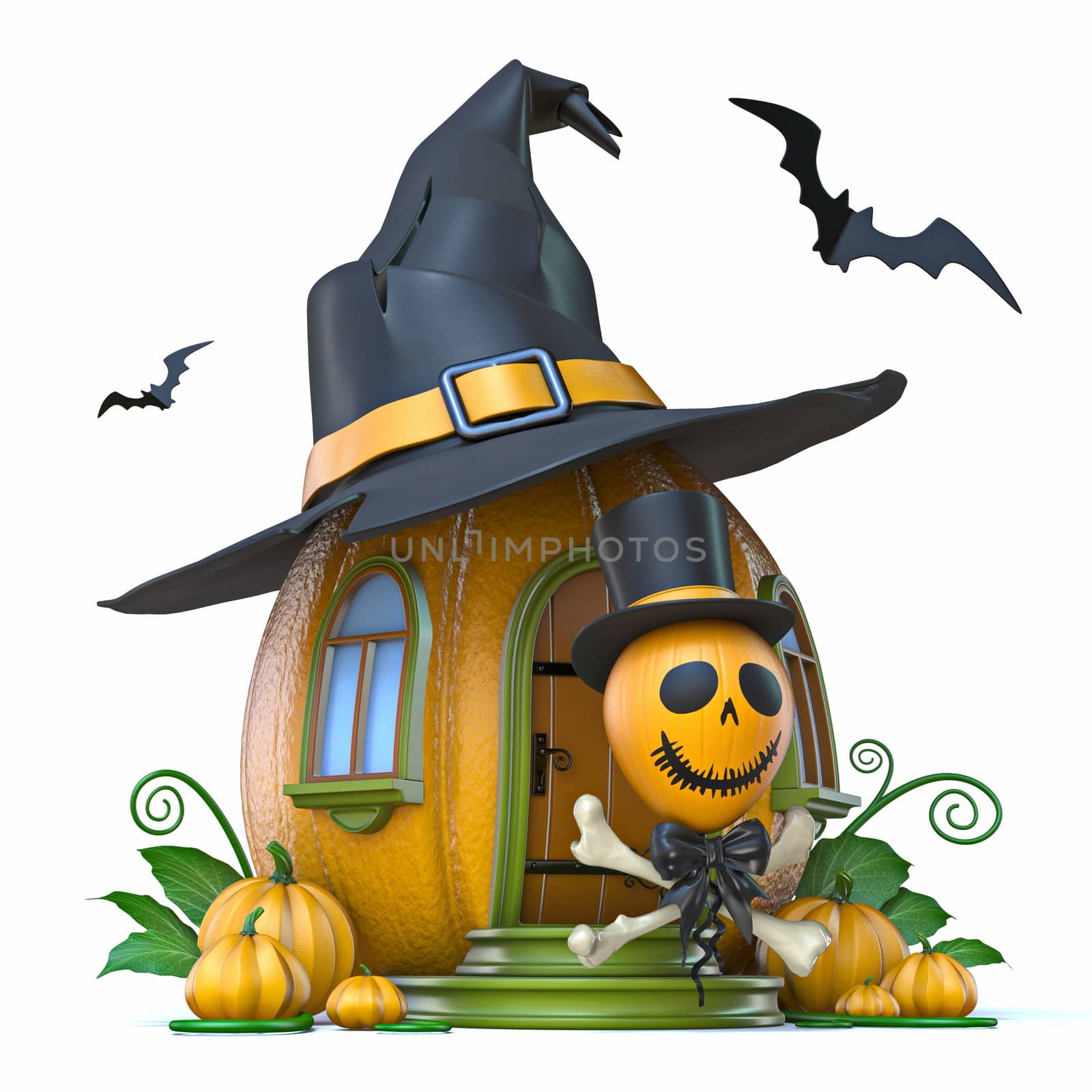 Jack O Lantern in front of pumpkin house 3D render illustration isolated on white background