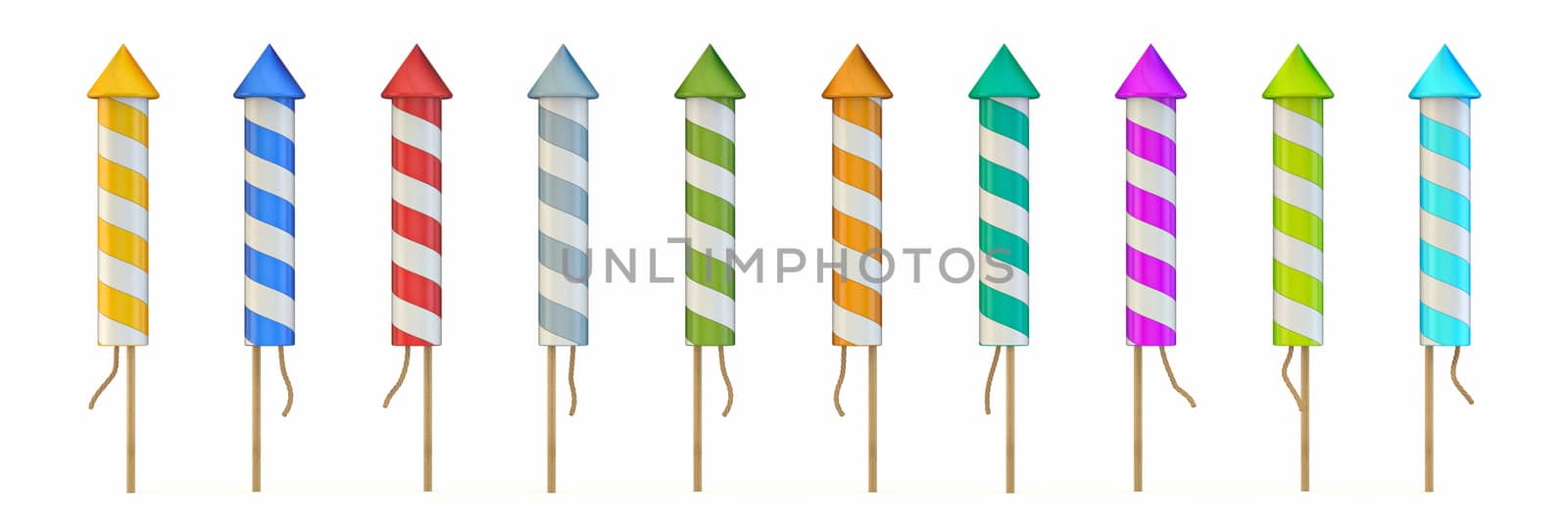 Set of multicolored rocket fireworks  3D render illustration isolated on white background