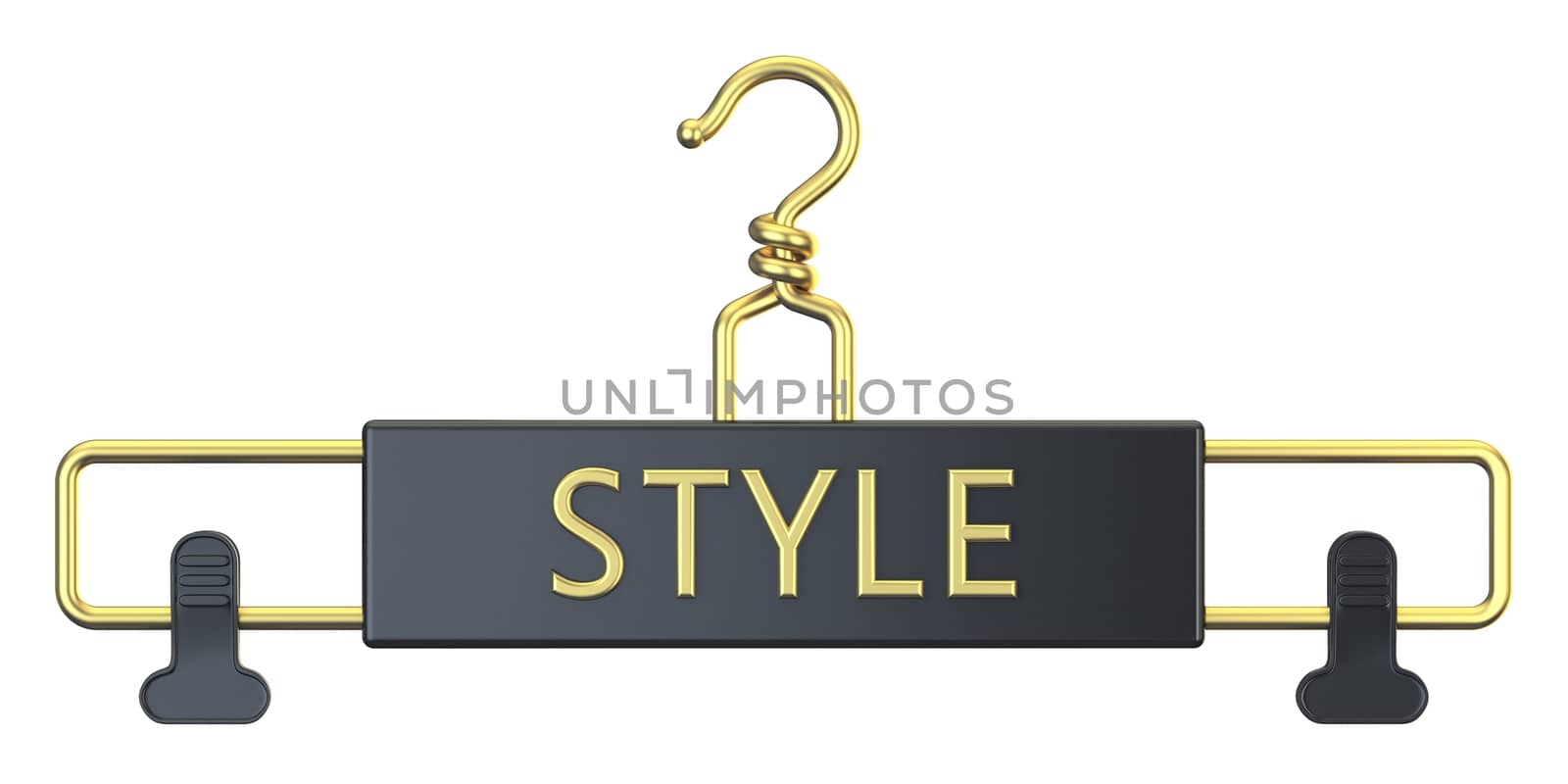 Black cloth hanger with STYLE text 3D render illustration isolated on white background
