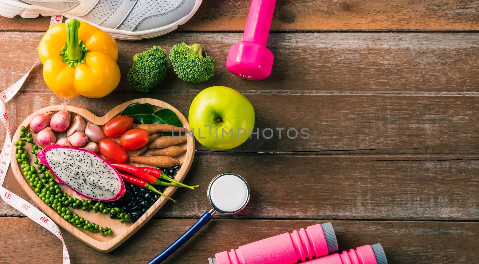 fruit and vegetable in heart plate, shoes, sports equipment and  by Sorapop