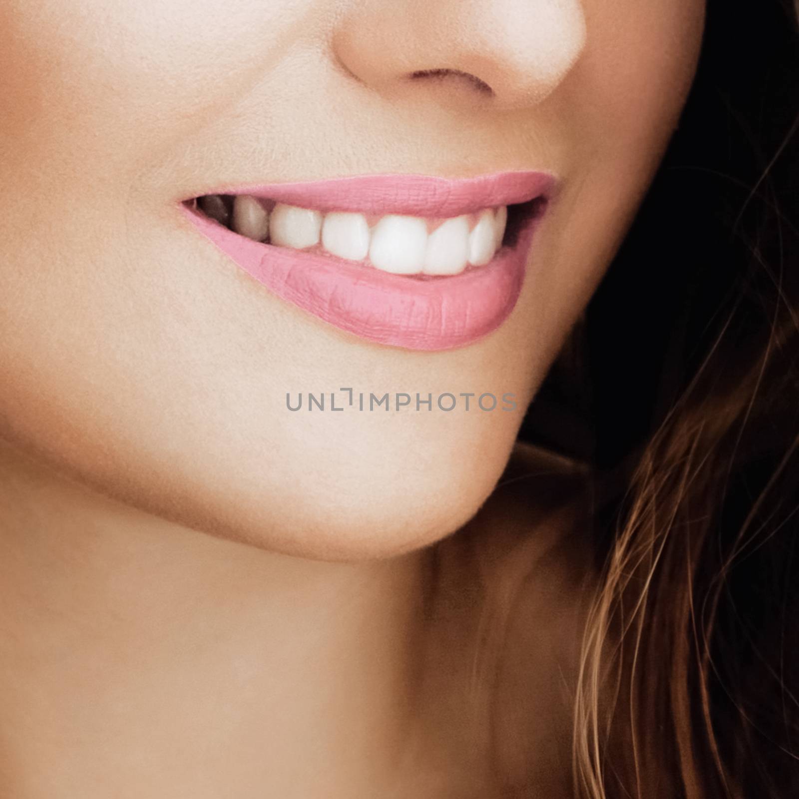 Beautiful healthy female smile with perfect natural white teeth, beauty face closeup of smiling young woman, bright lipstick makeup and clean skin for dental and healthcare brand by Anneleven