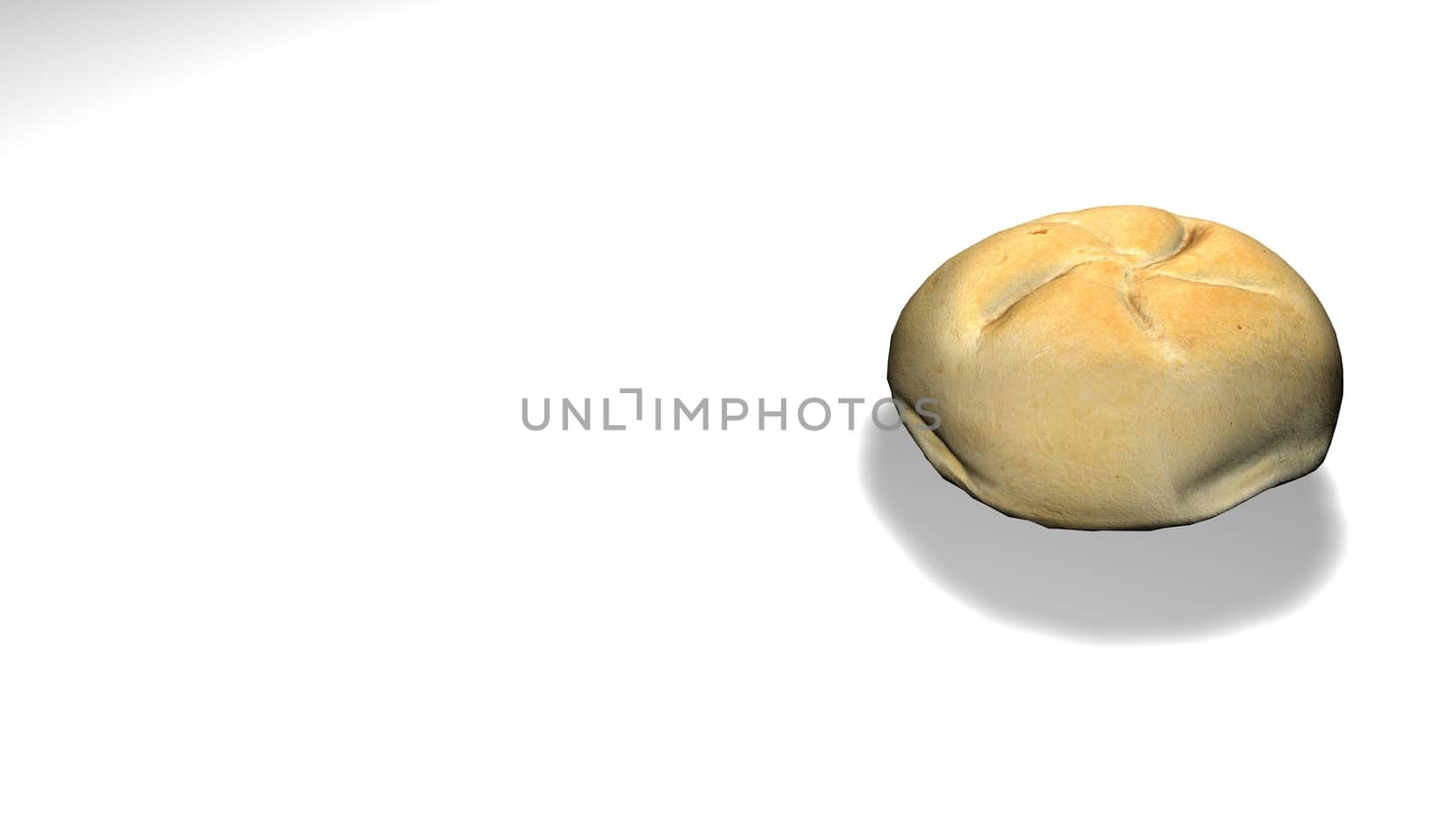 Homemade bread isolated on a white background. Closeup view of bread roll with shadow under light.