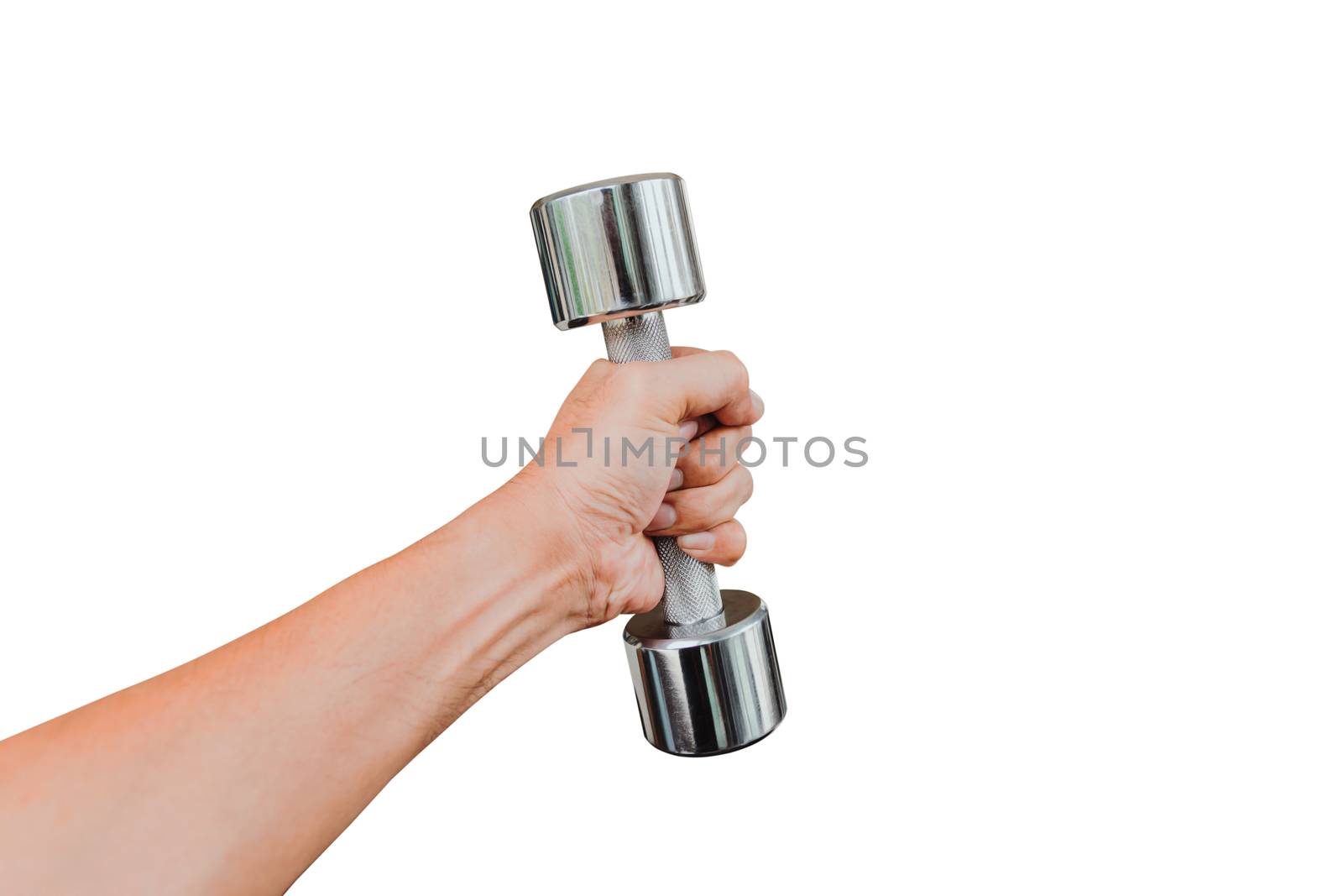 Men hand holding a dumbbell isolated on white background, with clipping path.