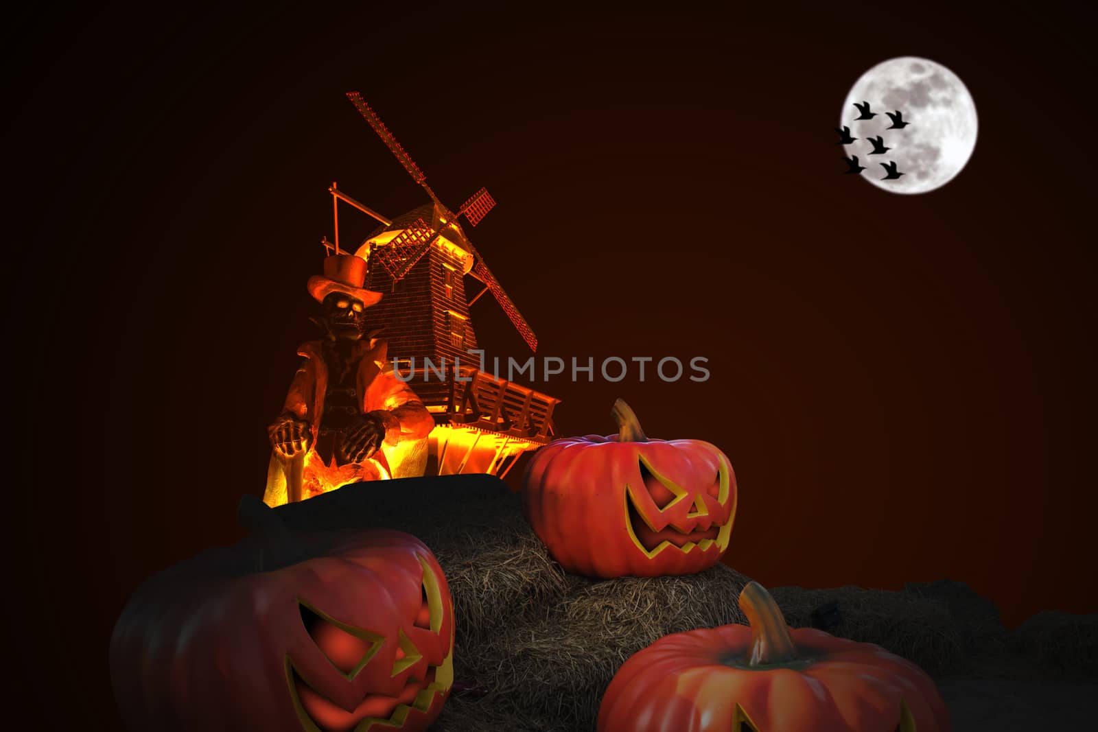 Halloween pumpkins at night under the full moon by wattanaphob