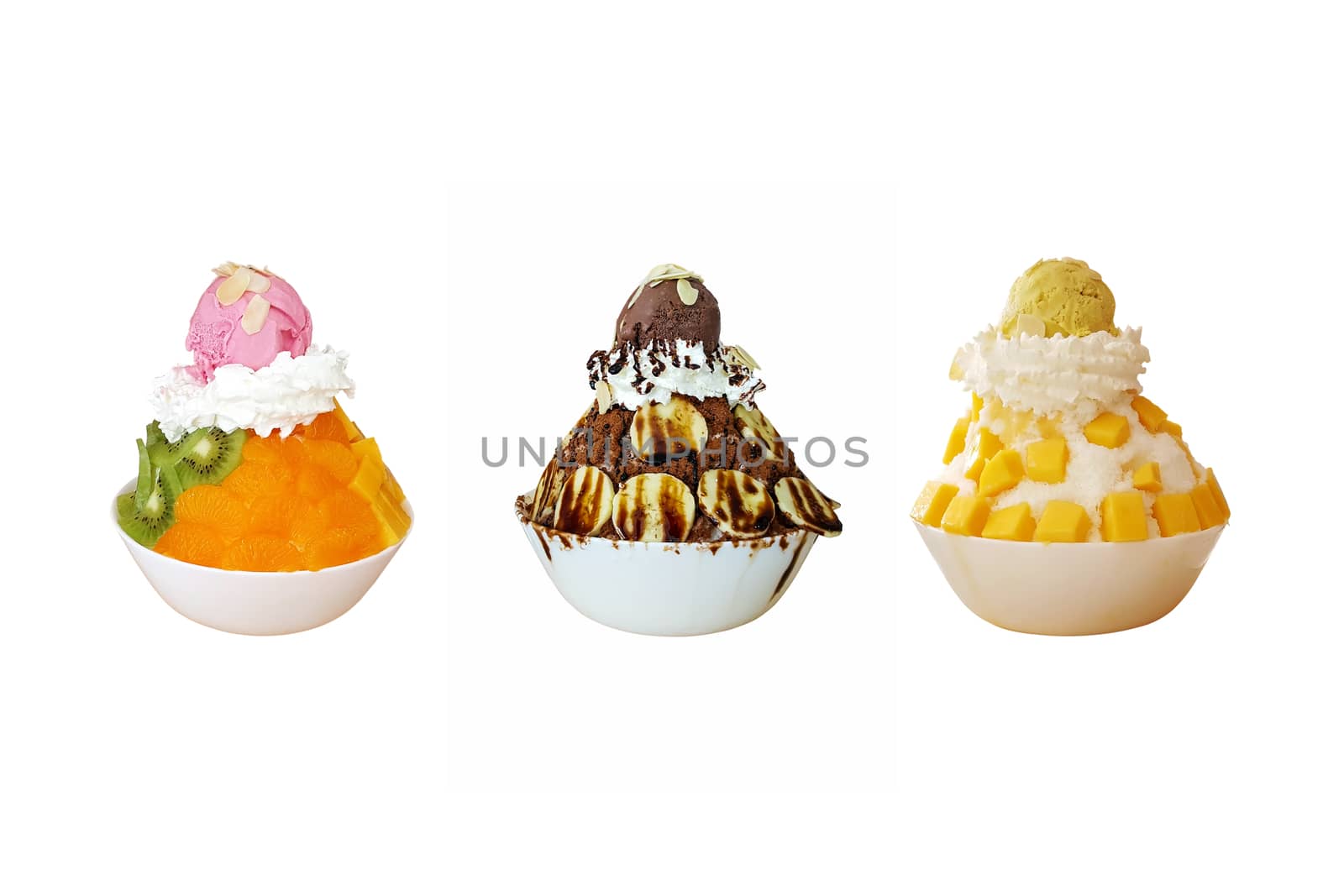 Group of Ice creams topped with fruits isolated on white background.