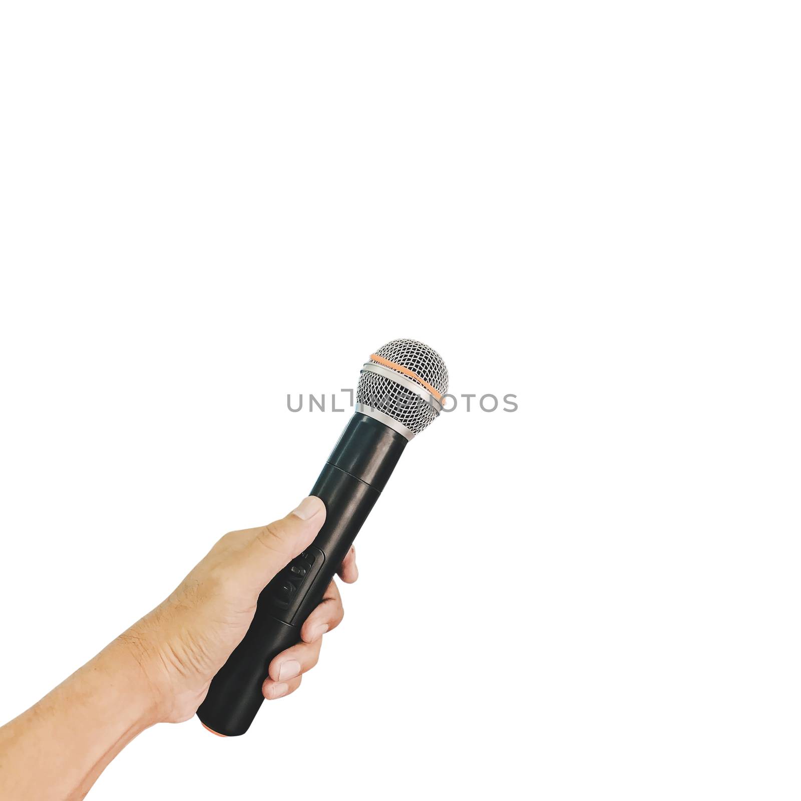 Hand holding wireless microphone isolated on white background, with clipping path.