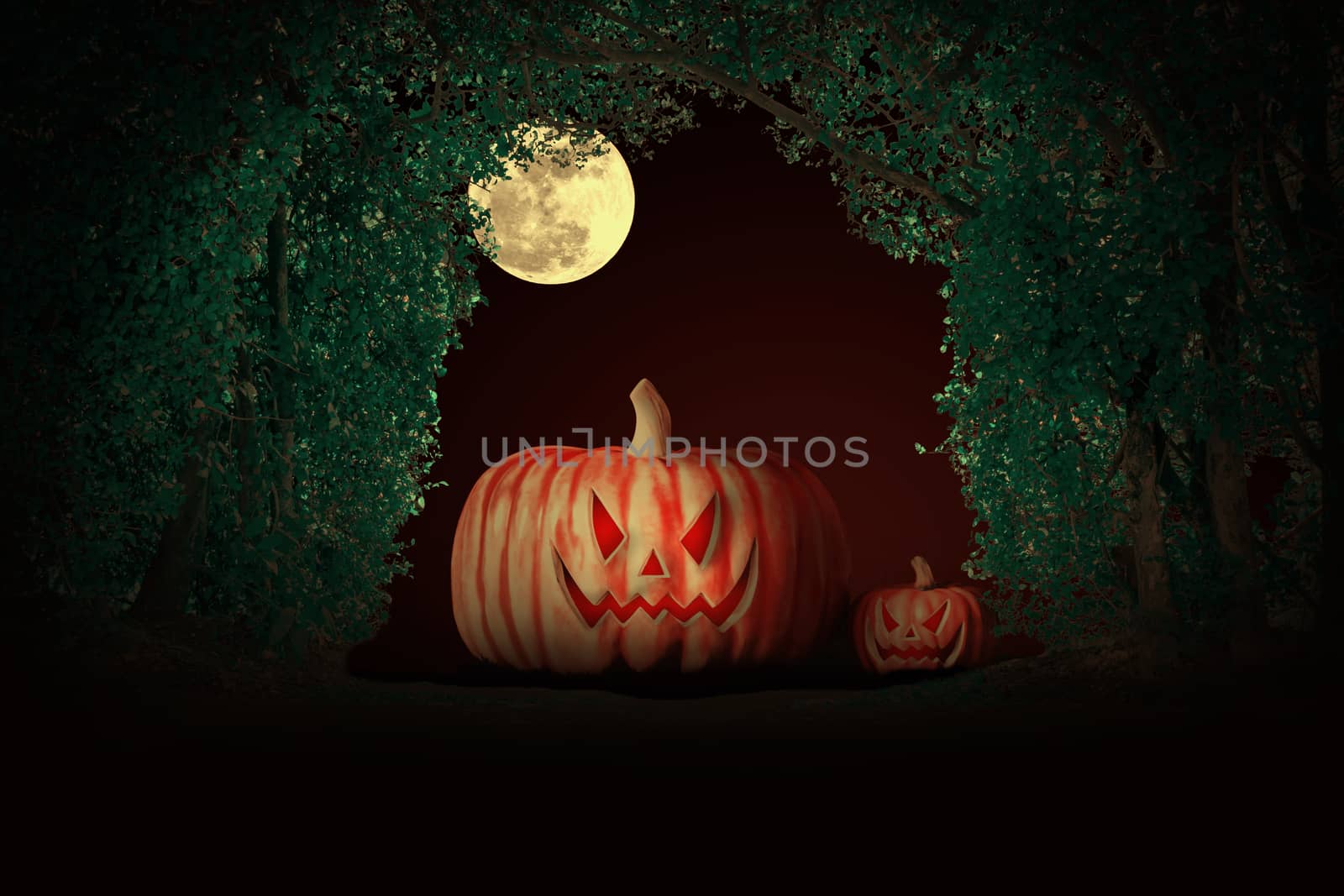 Halloween pumpkins at night under the full moon in the forest.