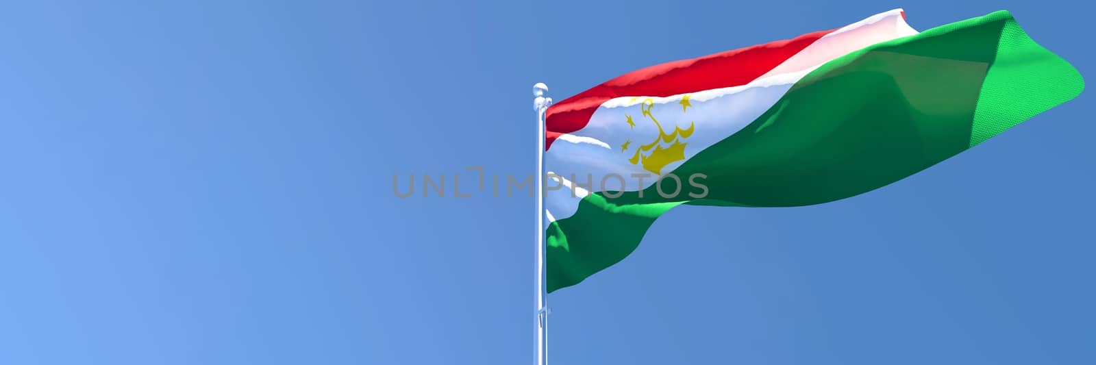 3D rendering of the national flag of Tajikistan waving in the wind against a blue sky