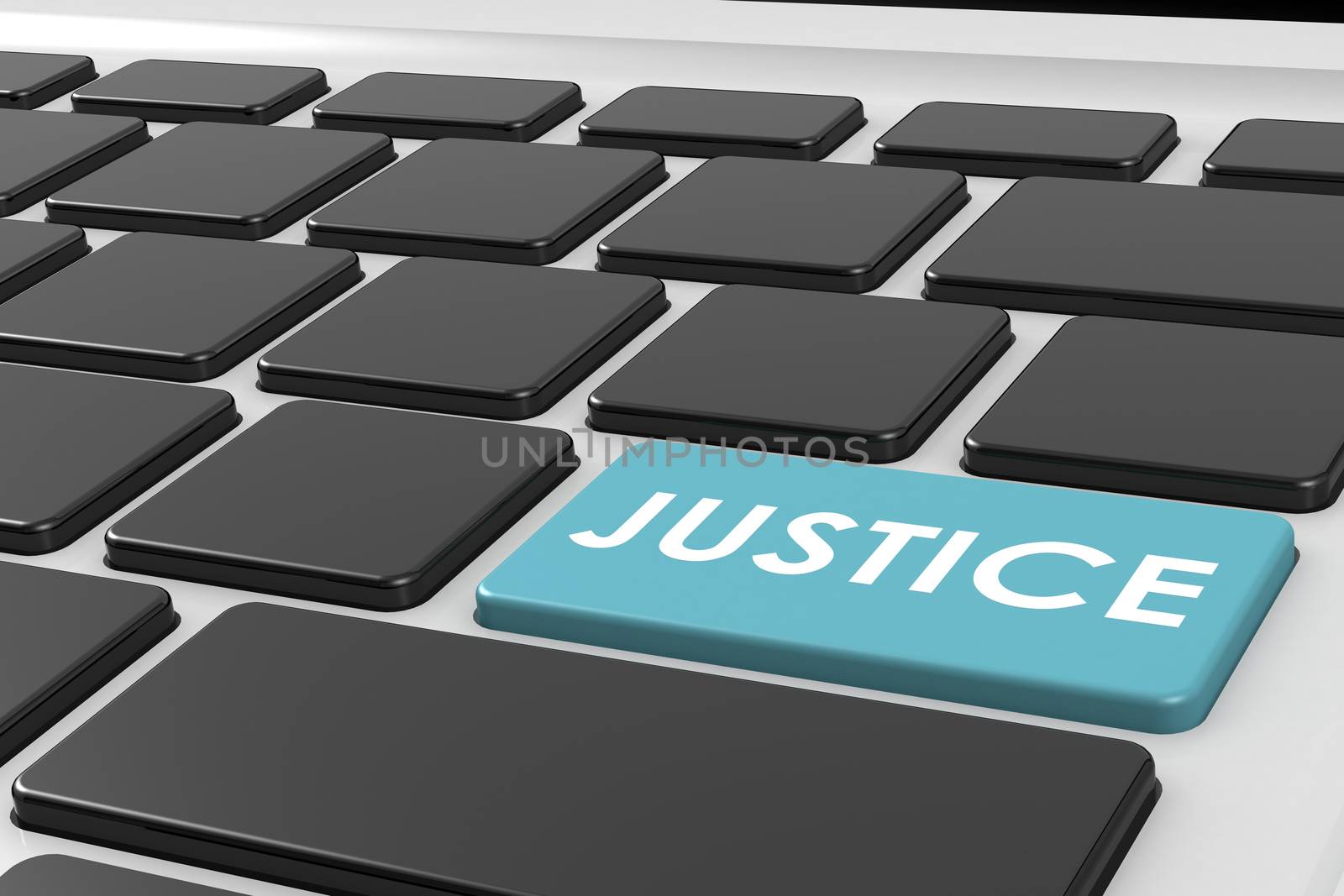 Justice word on laptop keyboard, 3D rendering