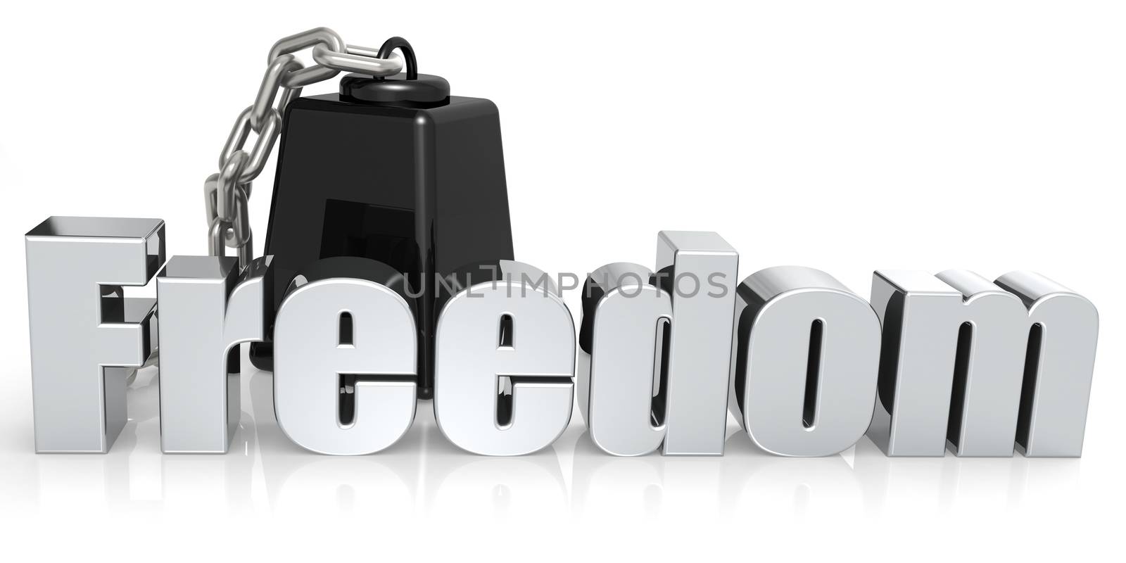 Metallic freedom word chain to weight, 3D rendering