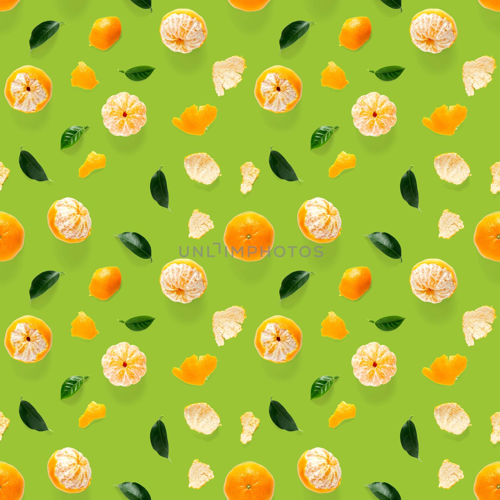 Mandarin seamless pattern, tangerine, clementine isolated on green background with green leaves. Collection of fine Mandarine seamless patterns.