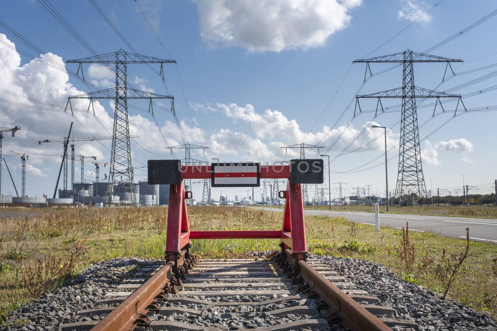 red railroad buffer end to destination in the europoort holland near rotterdam, The Netherlands