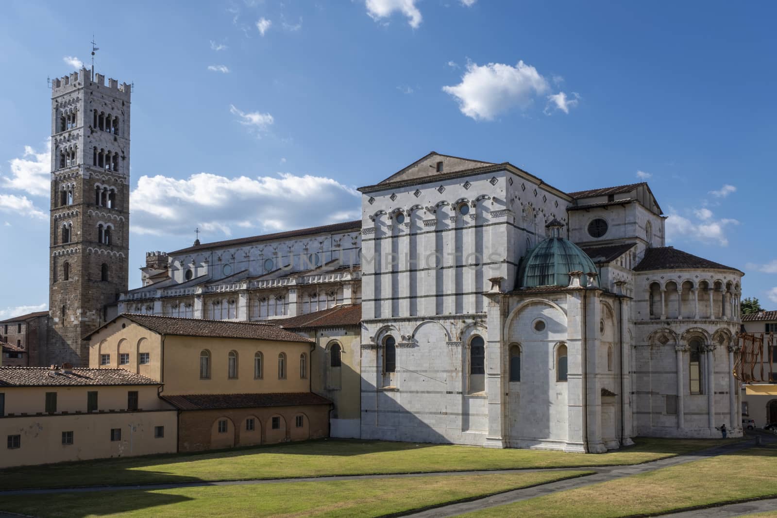 Lucca, Italy, June 8, 2019:Exterior view of the church of San Michele in Foro, a Roman Catholic basilica church in Lucca, Tuscany, central Italy, built over the ancient Roman forum.