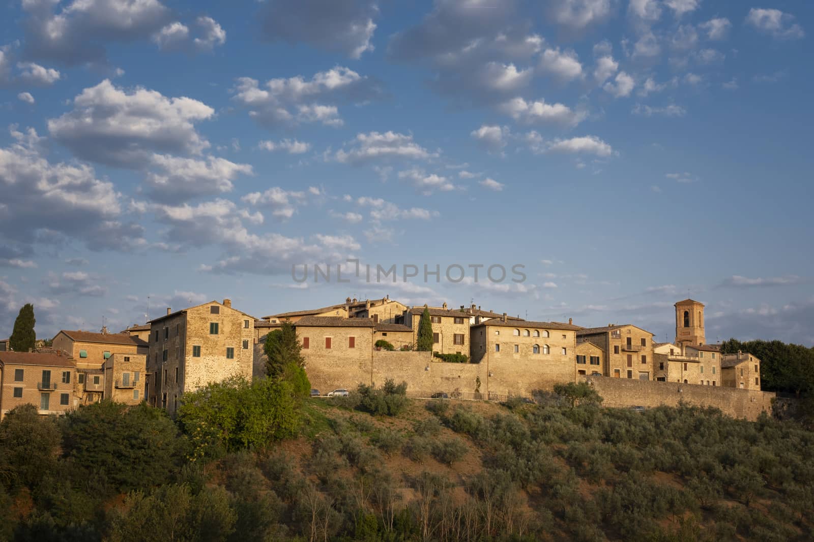 Panoramic view of a historic town in beautiful morning light in Umbria, Italy