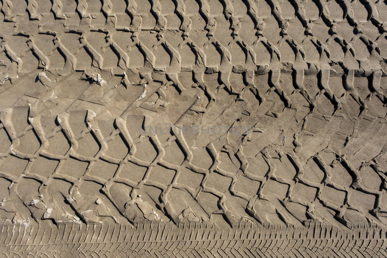 The trace of a set of tyres in the sand