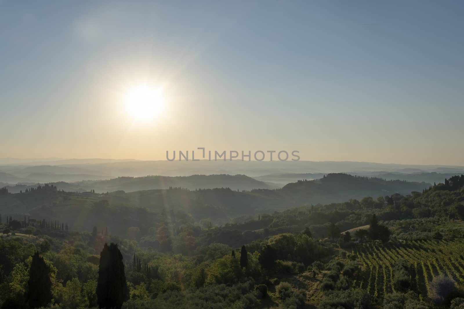 Tuscany, rural landscape in Crete Senesi land. Rolling hills, countryside farm, cypresses trees, green field on warm sunset. Siena, Italy, Europe