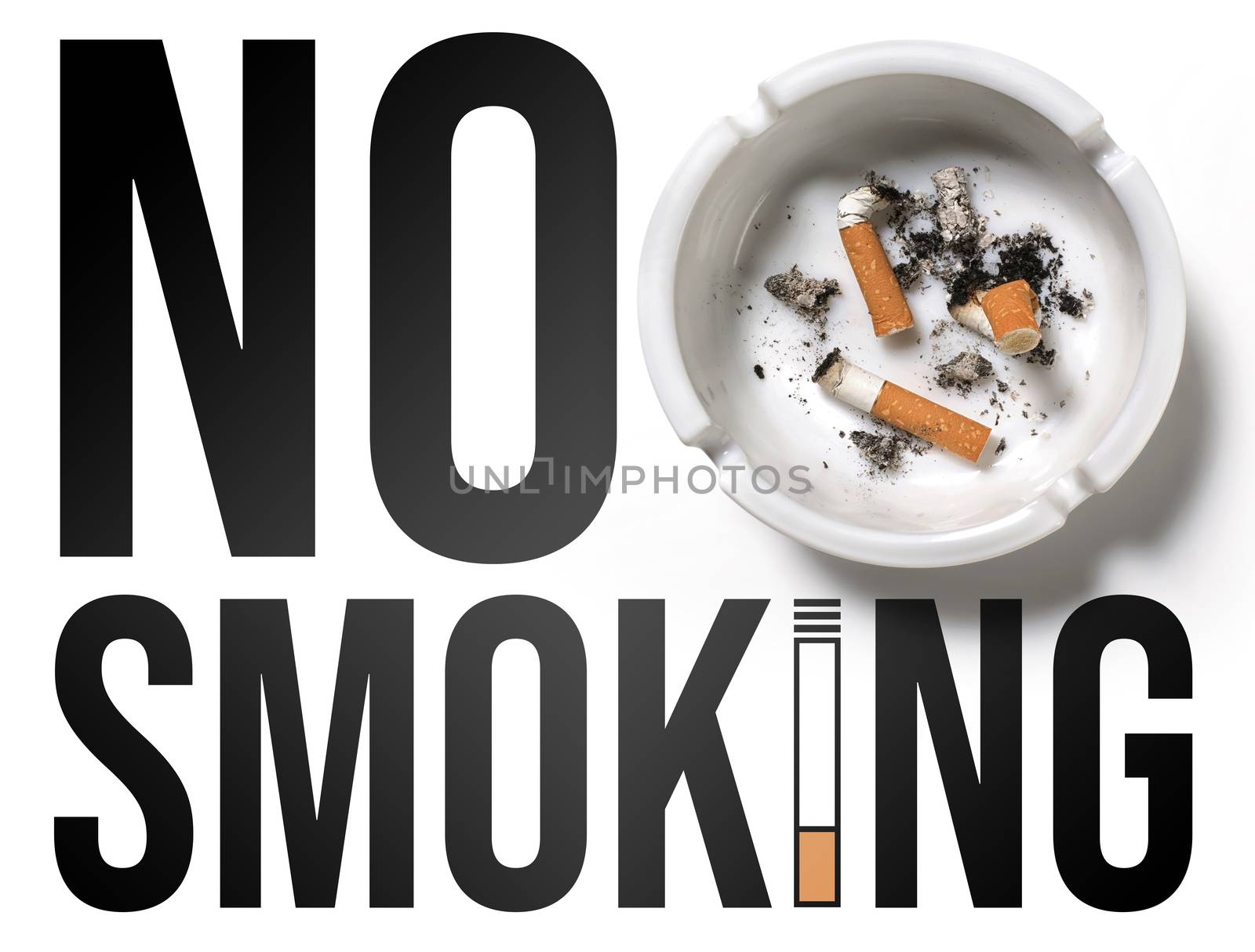 No smoking sign on white with an ashtray and sigarettes